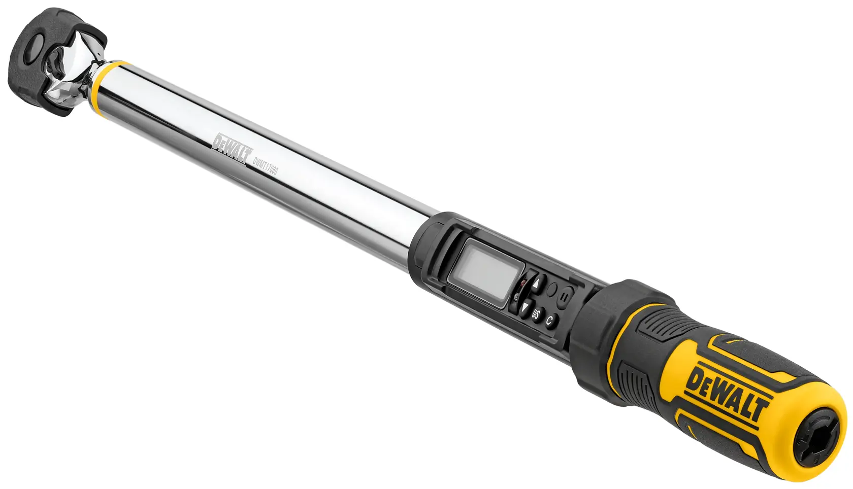A DEWALT digital torque wrench with a yellow and black ergonomic handle, LCD screen, and chrome-finished shaft, photographed on a white background.