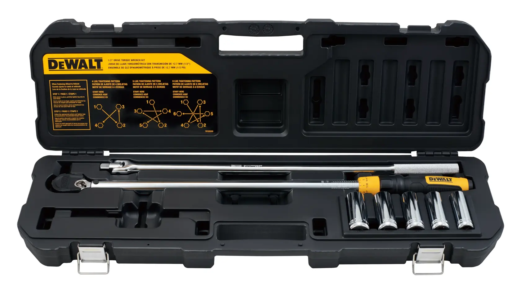 DEWALT torque wrench and socket set in a black plastic carrying case with compartments for each tool. The case lid features instructions and diagrams for torque sequence.