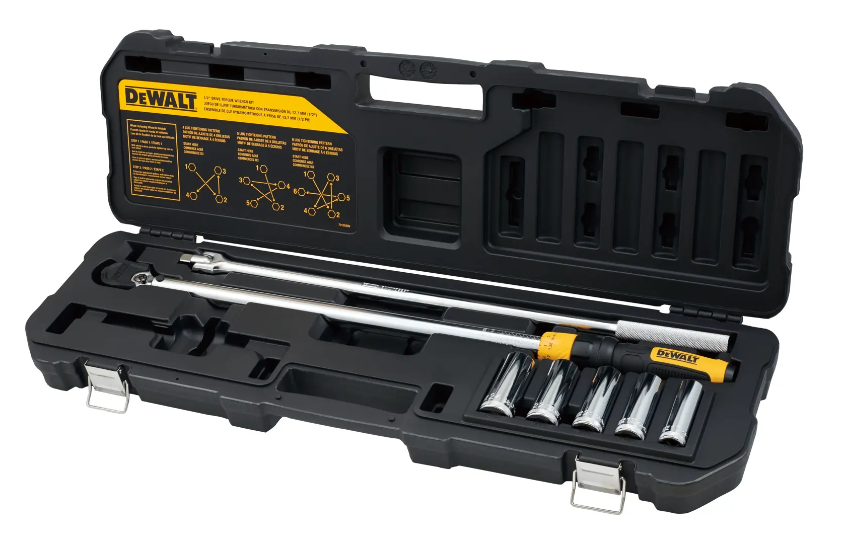 A DEWALT torque wrench set in a black hard case, featuring a torque wrench, extension bar, and several chrome sockets arranged neatly. The case lid has a yellow DEWALT label with instructions and diagrams.
