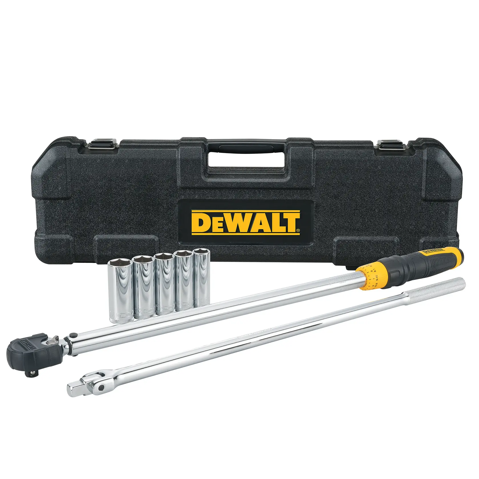 A hard black plastic carrying case with a handle, featuring the DEWALT logo in yellow on the front.