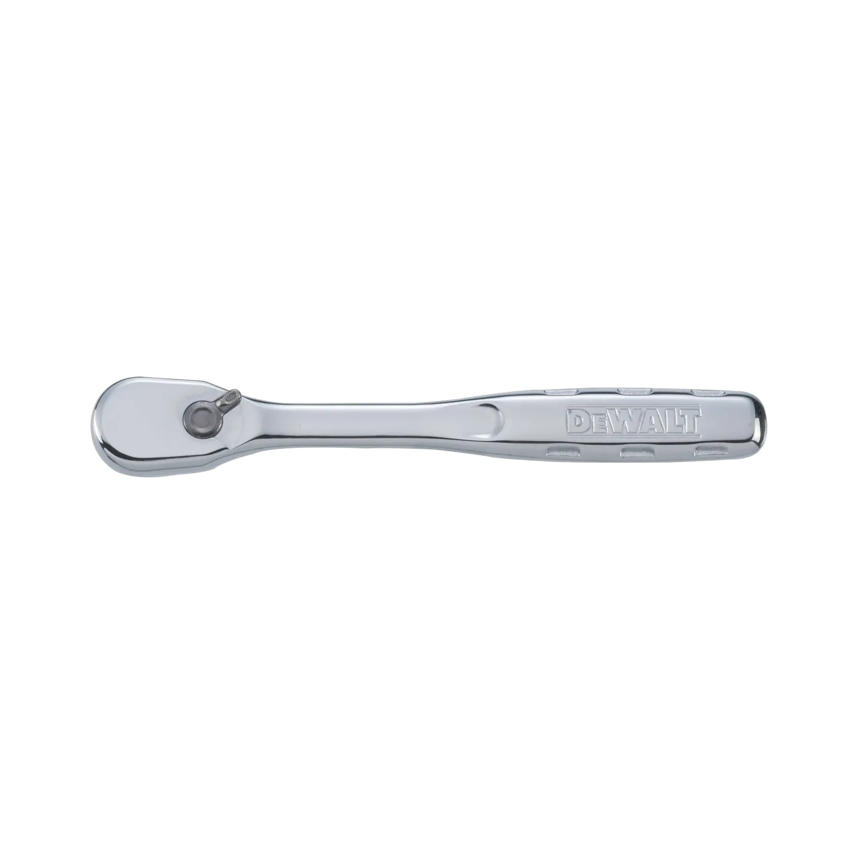 A DEWALT branded chrome ratchet with a polished finish, shown against a white background.