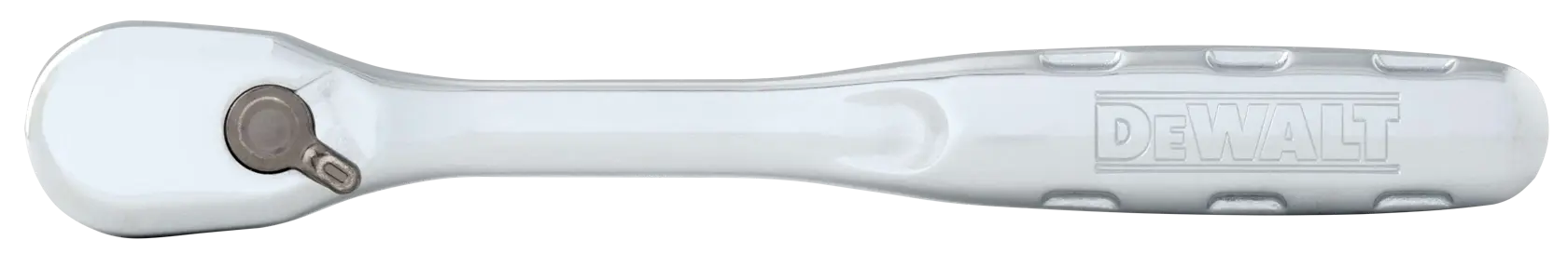 A DEWALT branded chrome ratchet wrench with a smooth handle, shown horizontally on a white background.