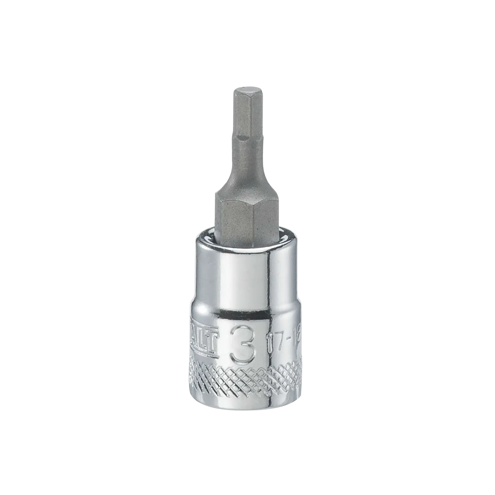A close-up image of a DEWALT chrome hex bit socket, showing its metallic finish and knurled grip. The hex bit is attached to the socket.