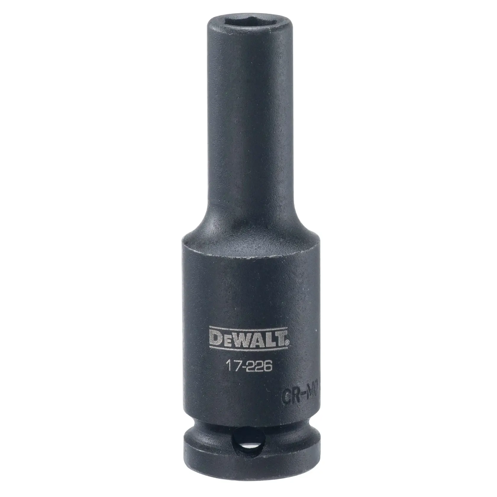A DEWALT deep impact socket, model DWMT17226, made of black metal, designed for use with impact wrenches.