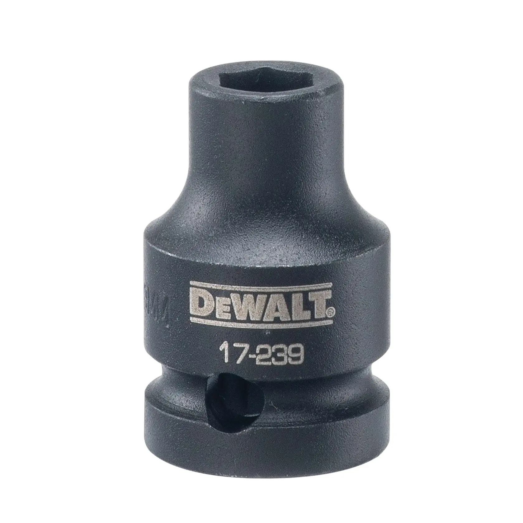 A close-up image of a DEWALT branded impact socket adapter, black in color, with the model number 17-239 engraved on its side.