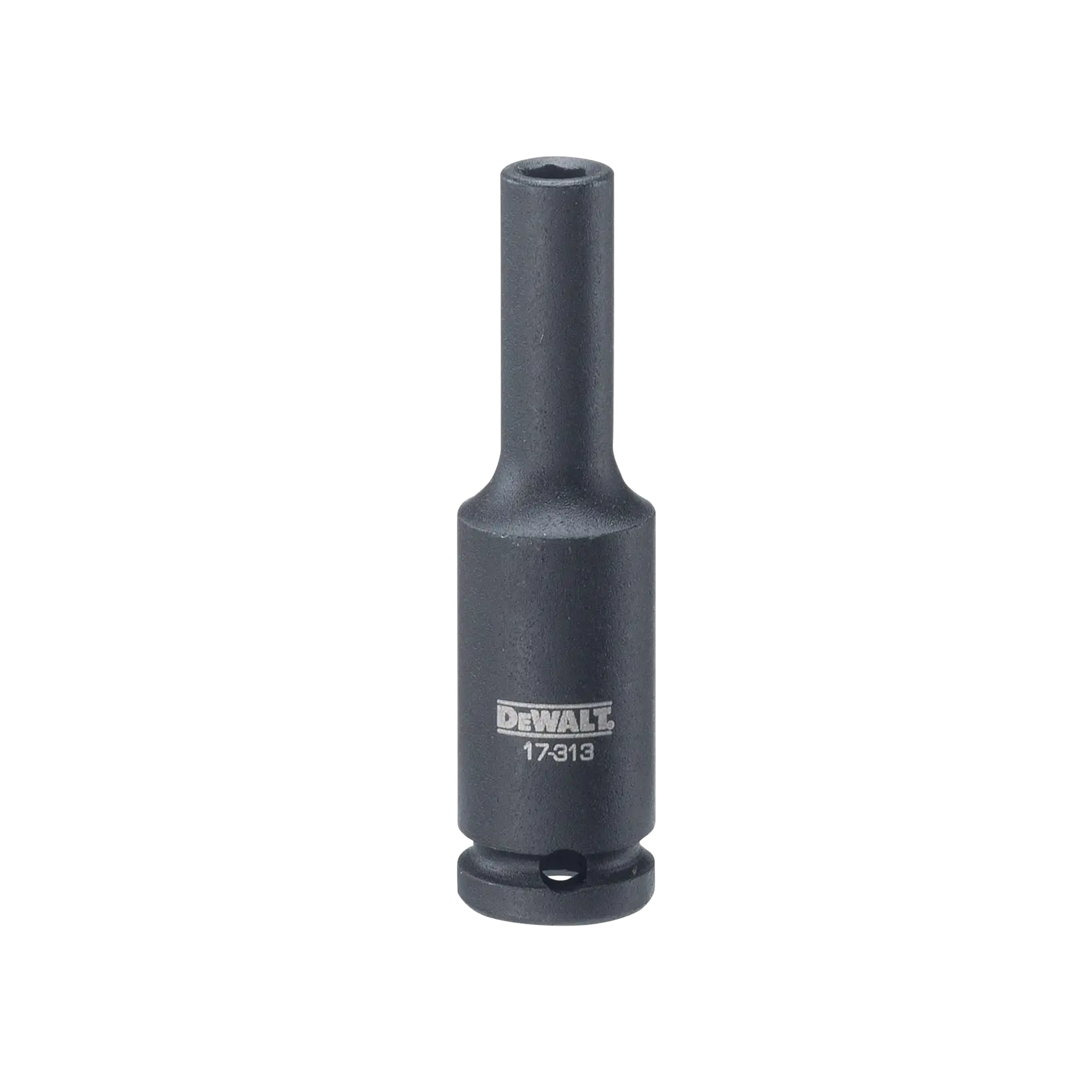 A DEWALT branded black socket tool with a cylindrical shape, engraved with the number 17313, shown standing upright on a white background.