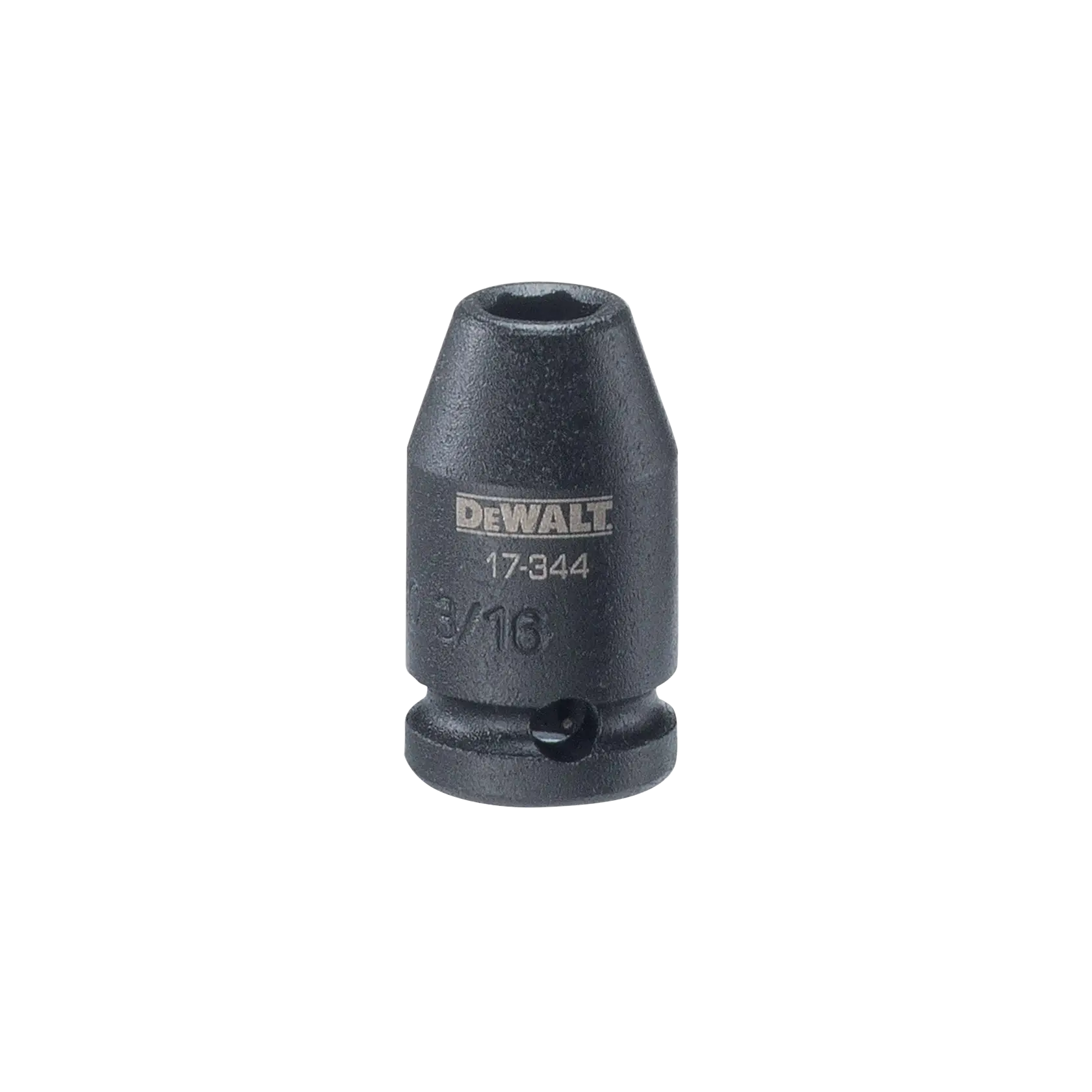 A DEWALT branded 3/16 inch drive socket, model DWMT17344, made of black metal and photographed on a plain white background.