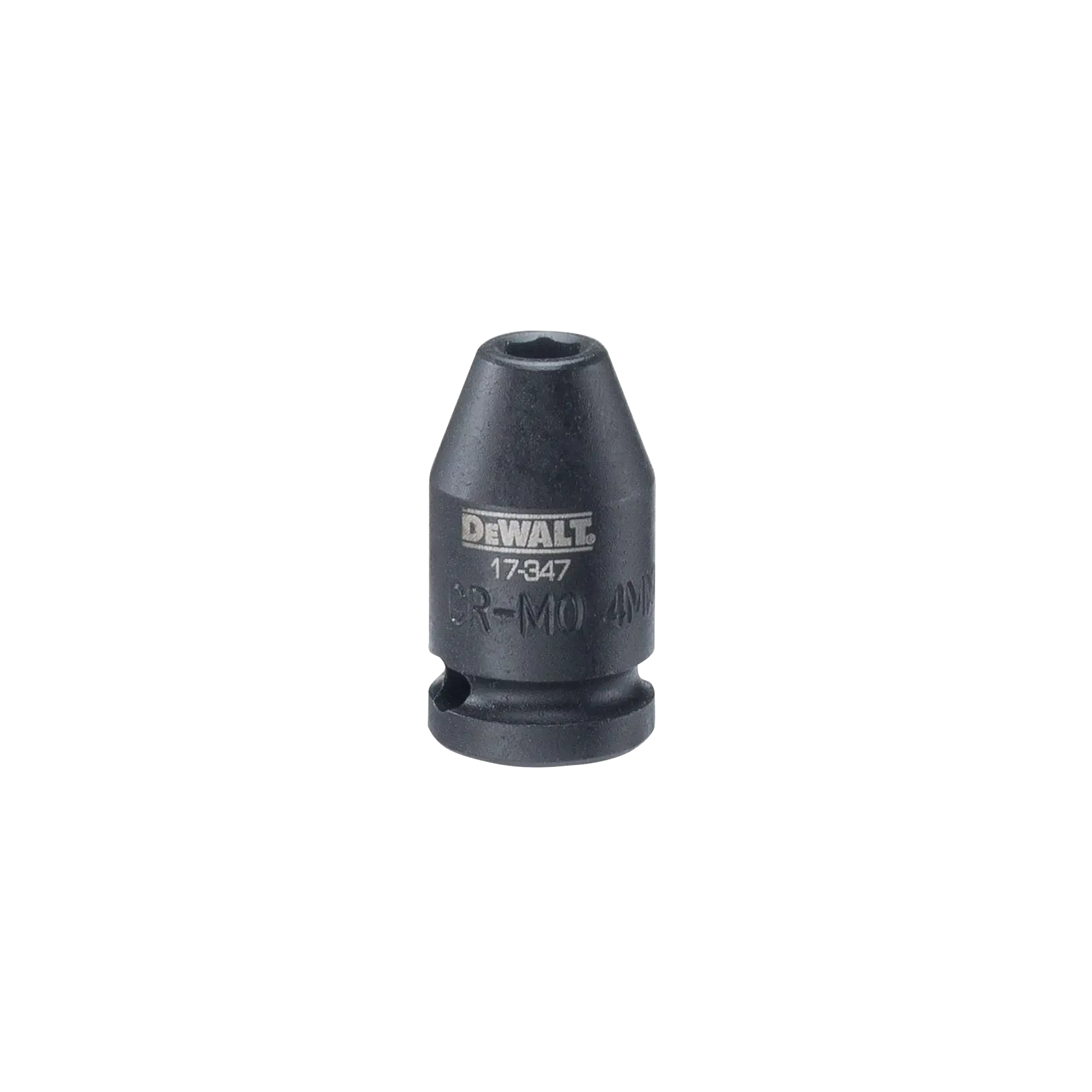 A black DEWALT branded socket with the model number 17-347, made of CR-MO material, designed for use with compatible tools.