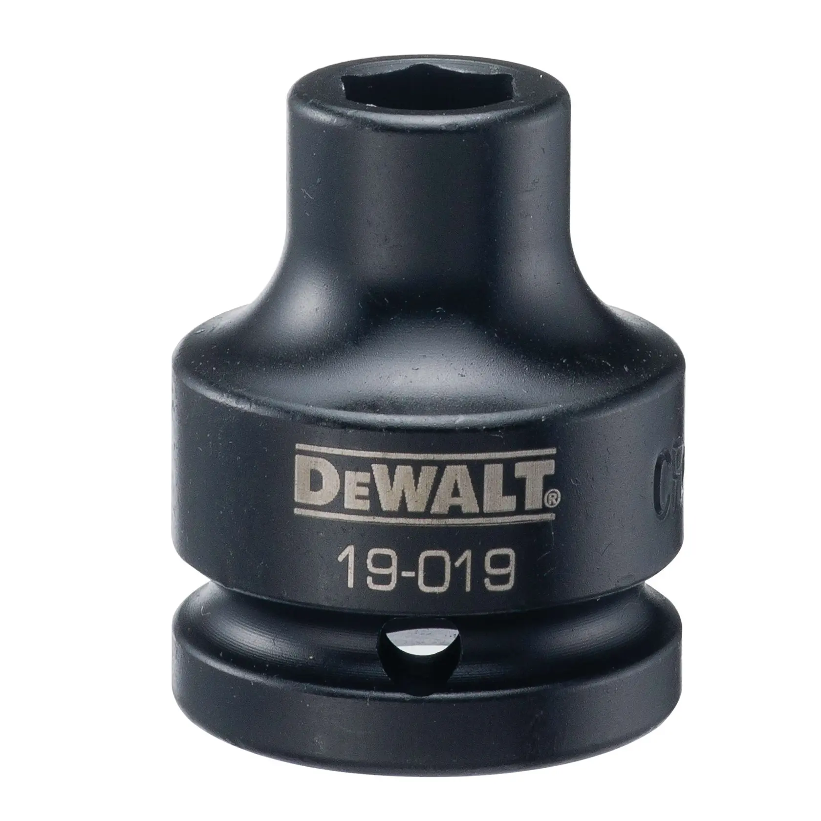 A close-up view of a DEWALT branded black metal socket adapter with the item number 19-019 engraved on it.
