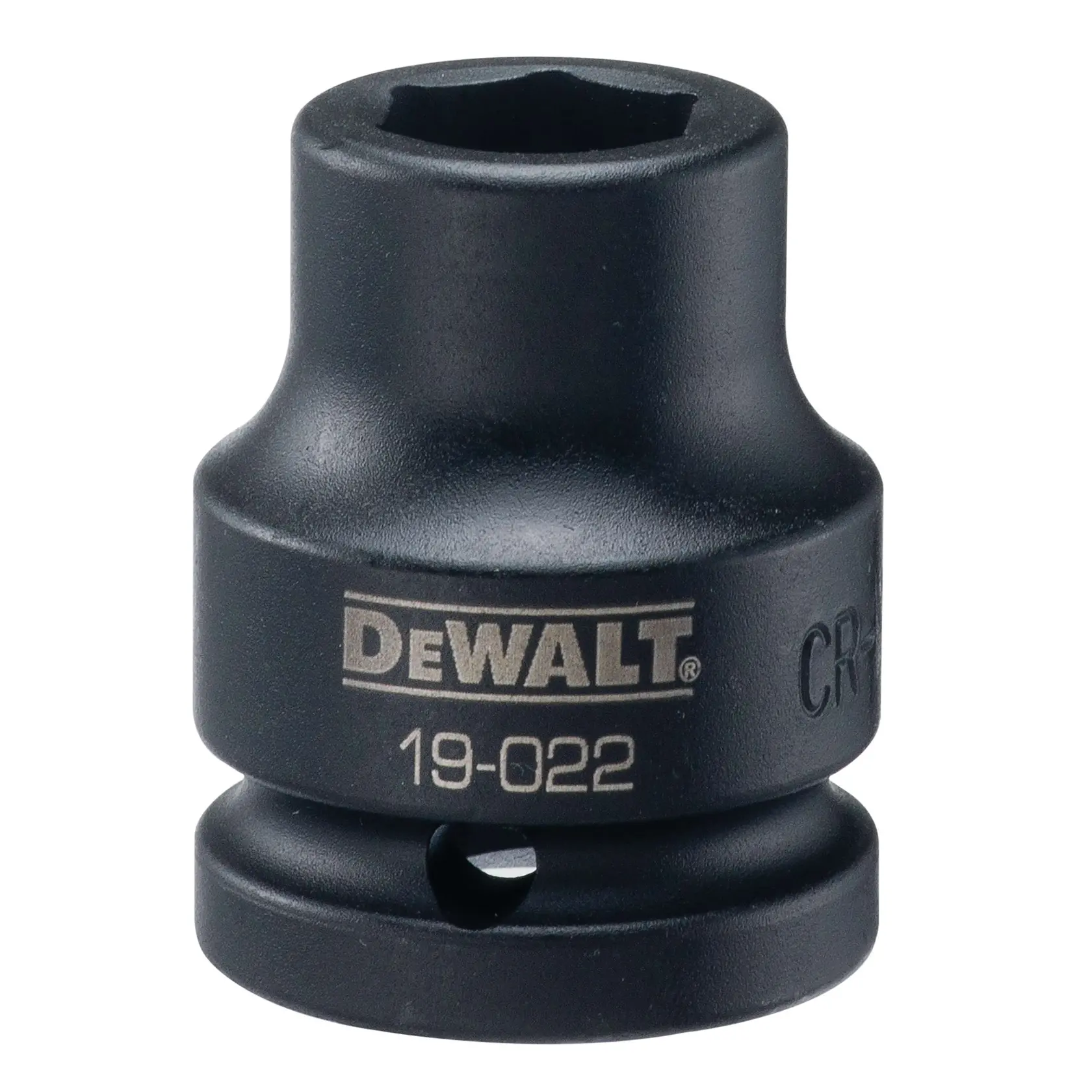 A DEWALT branded black socket adapter, model DWMT19022, used for connecting sockets to power tools or ratchets.