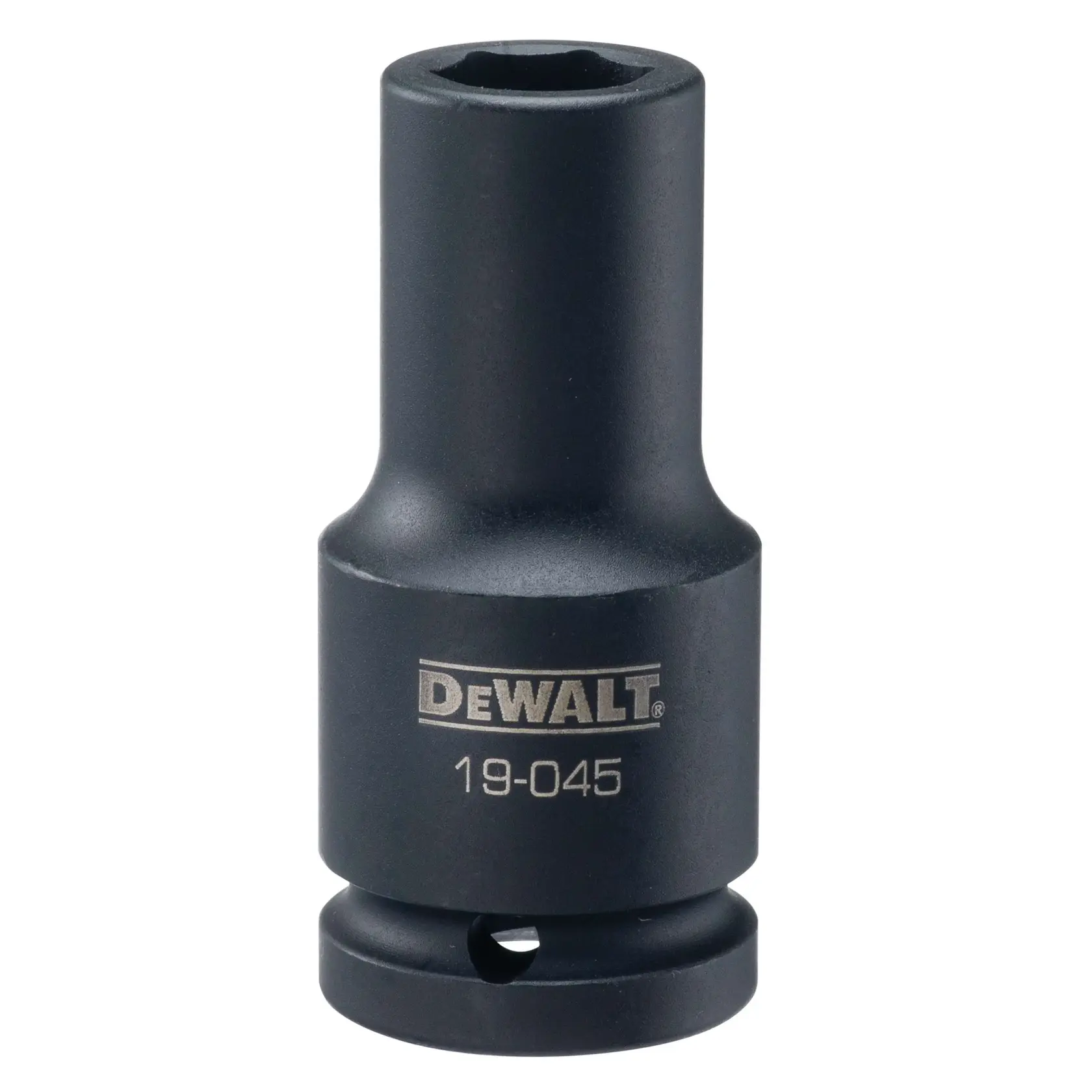 A DEWALT branded deep impact socket, black in color, with the product number DWMT19045 engraved on its side. The socket is designed for use with impact wrenches.
