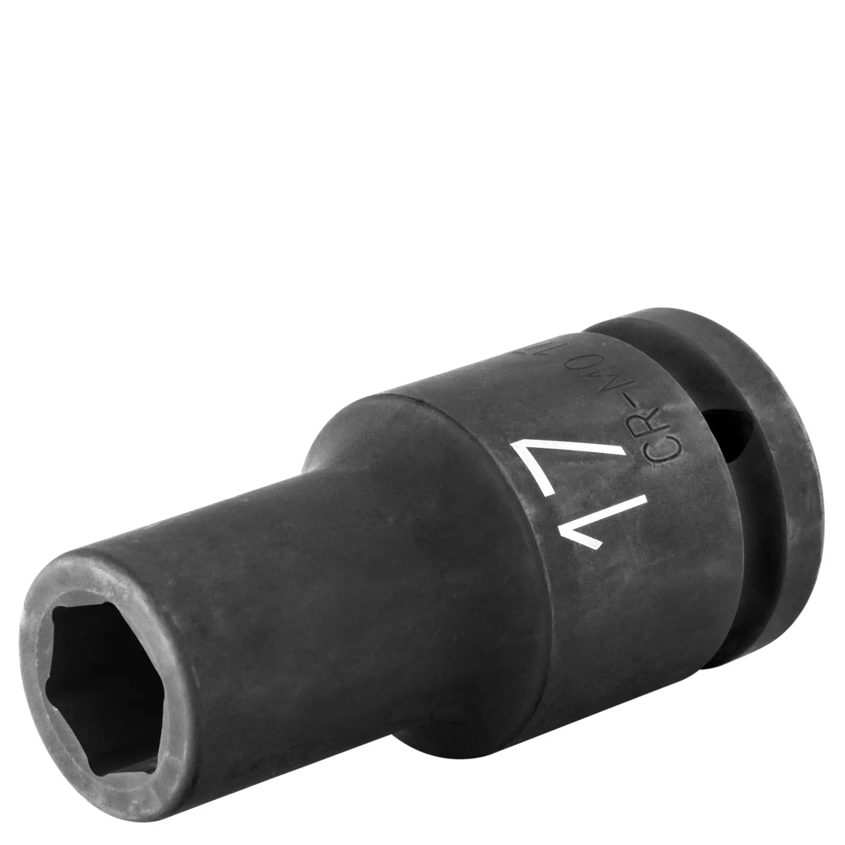 A DEWALT 17mm impact socket tool, showing a close-up view with engraved markings including the number 17 and CR-MO, made of dark metal.