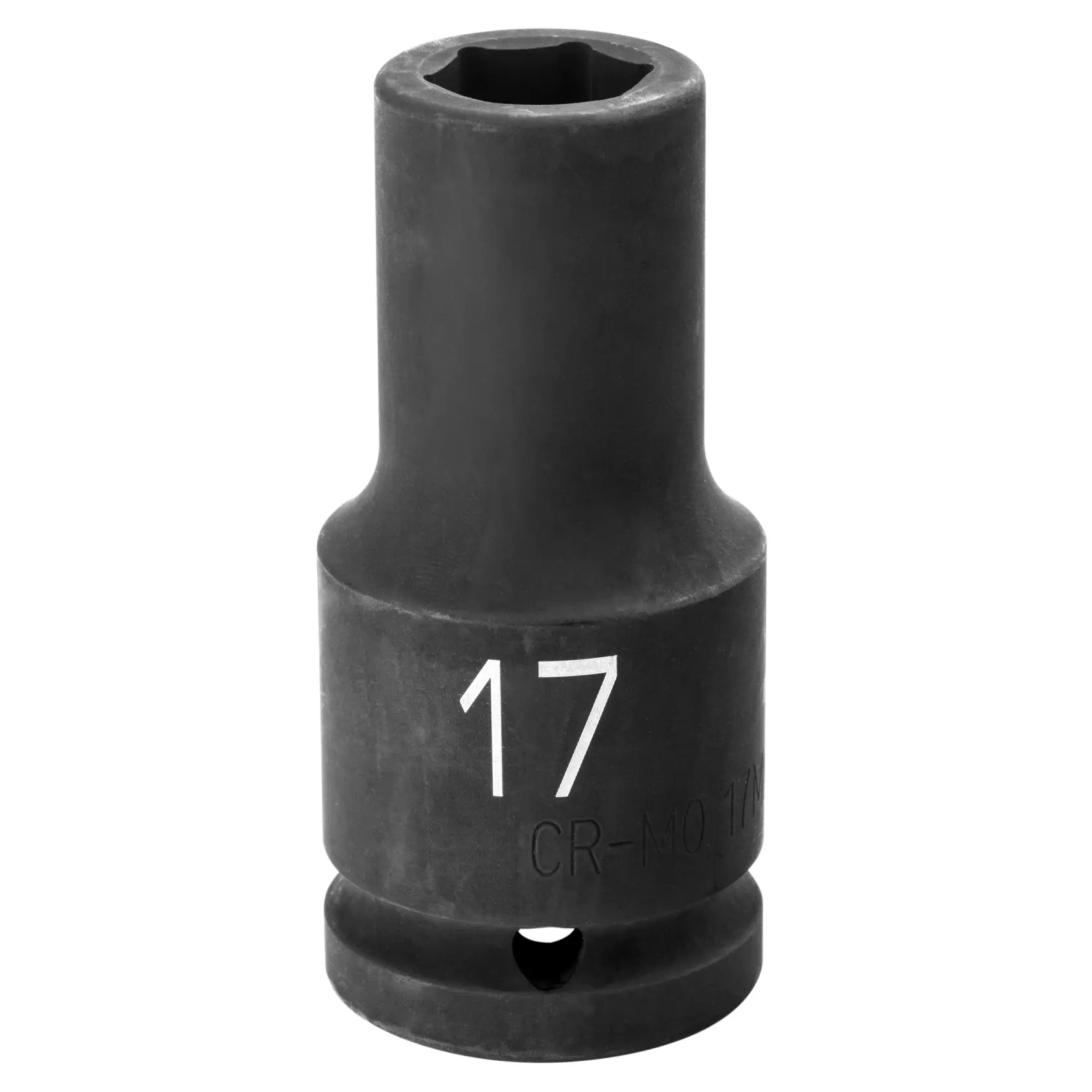 A DEWALT 17 mm impact socket, made of black chrome molybdenum steel, shown upright on a white background.