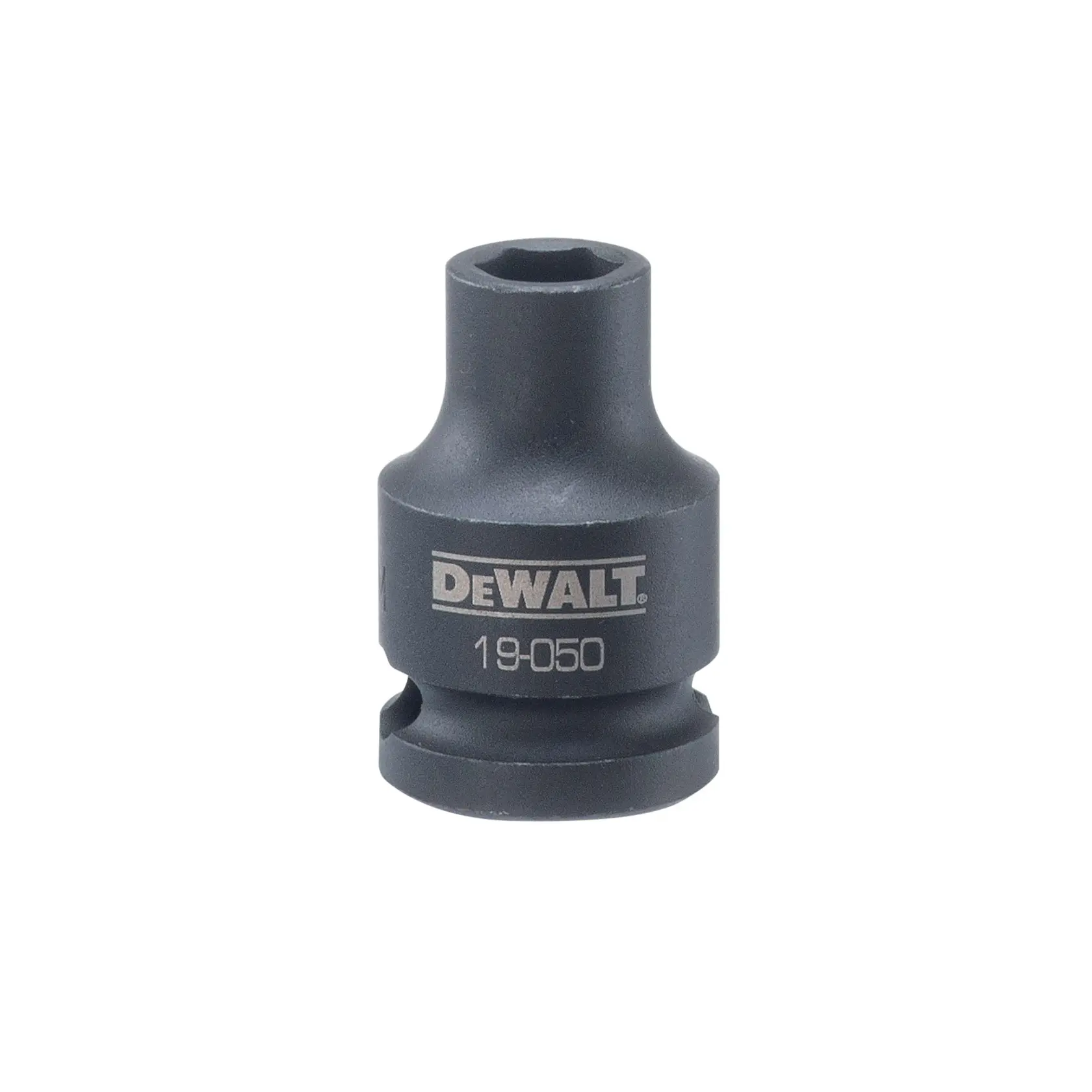 A DEWALT branded black impact socket with model number 19-050 engraved on its side, shown against a white background.