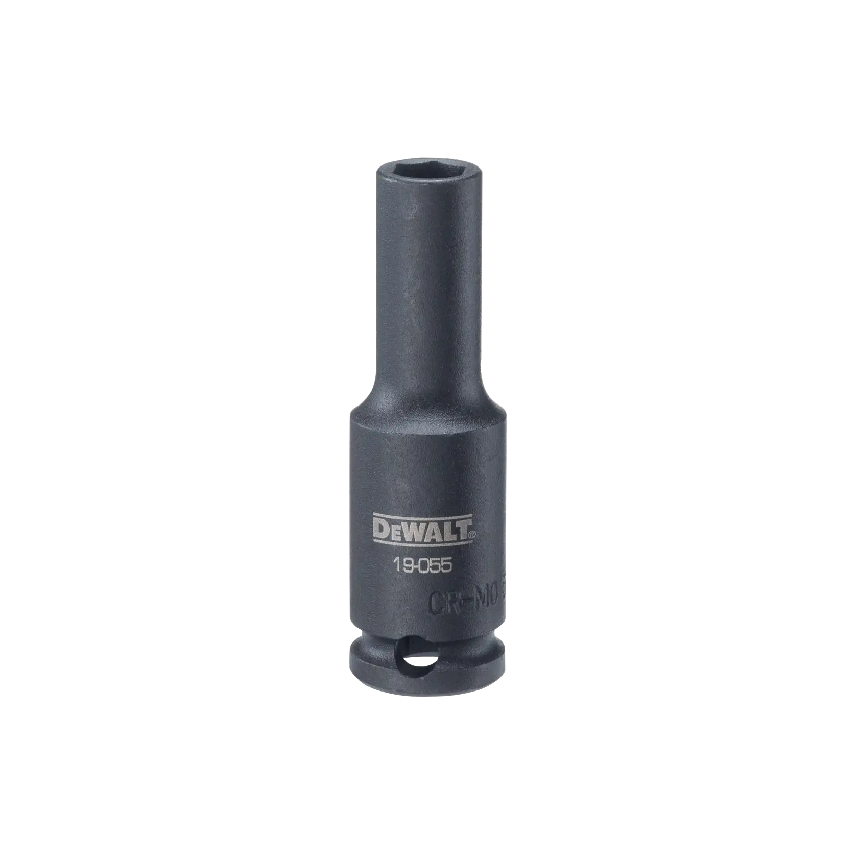 A DEWALT branded deep impact socket, model DWMT19055, made of dark metal, shown standing upright on a white background.