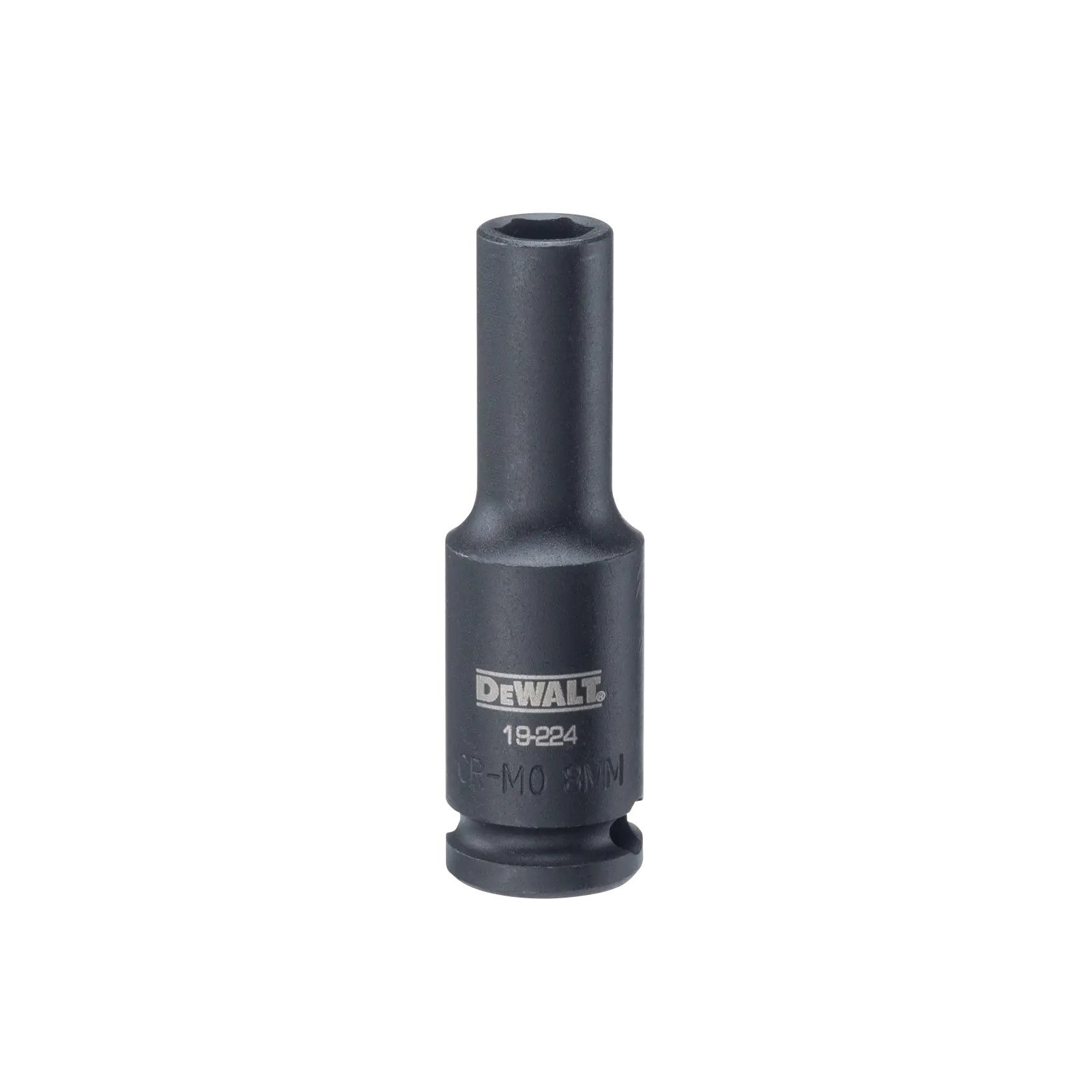 A DEWALT branded deep socket, model DWMT19224, made of metal and designed for use with a ratchet or socket wrench.