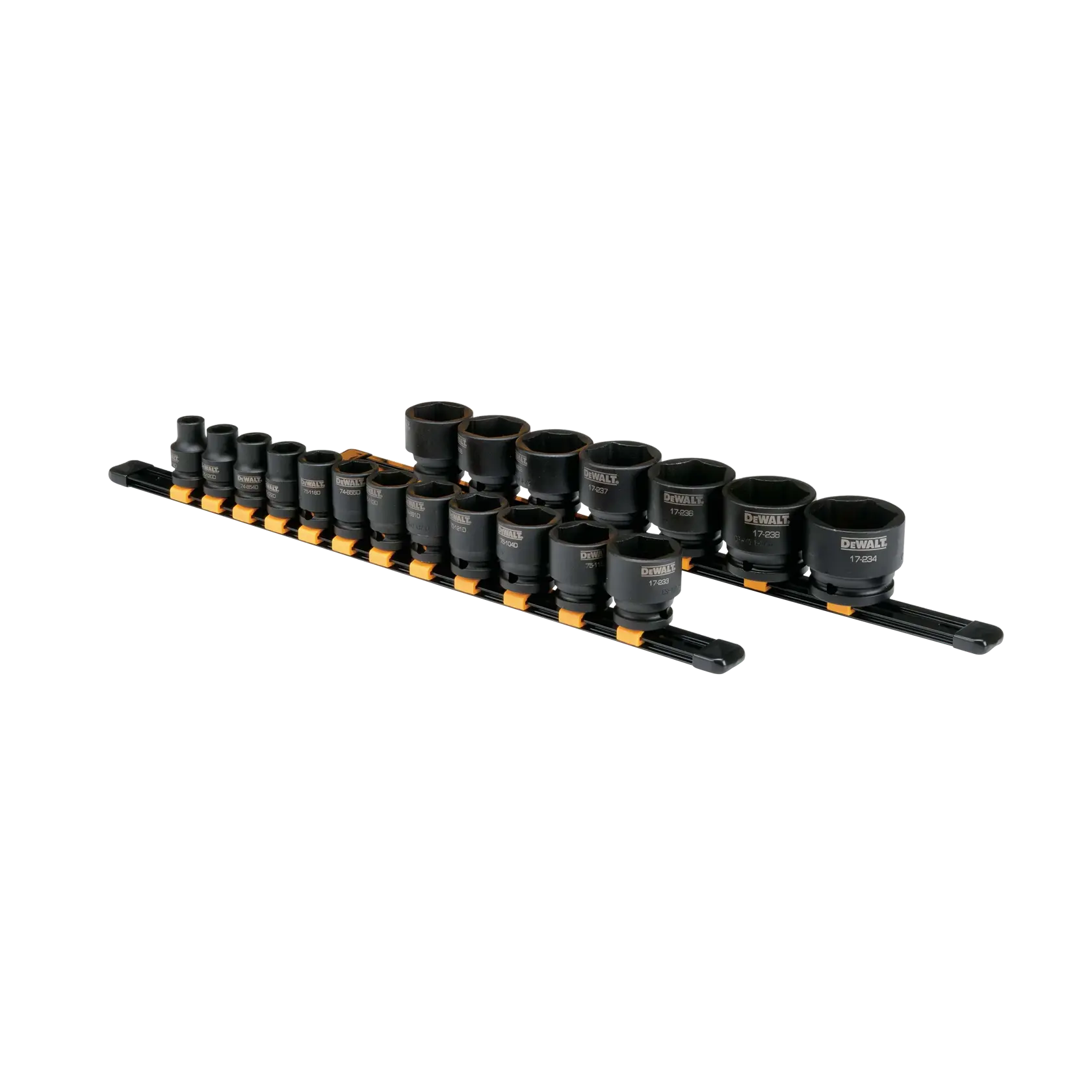 A set of DEWALT sockets organized on two black and yellow rails, each socket varies in size and is used for mechanical or automotive applications.
