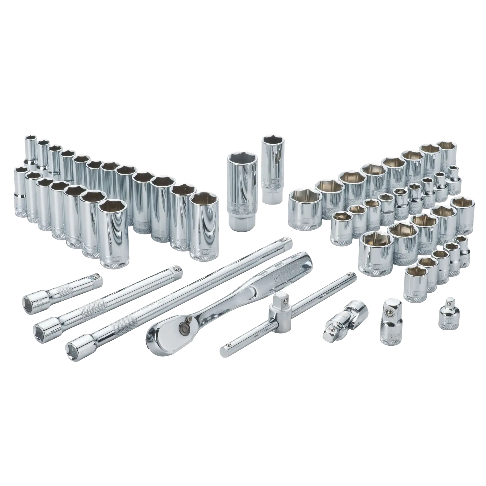 A set of shiny chrome socket wrenches, ratchets, extensions, and adapters, neatly arranged on a white background. The set includes various sizes suitable for mechanical and automotive work.