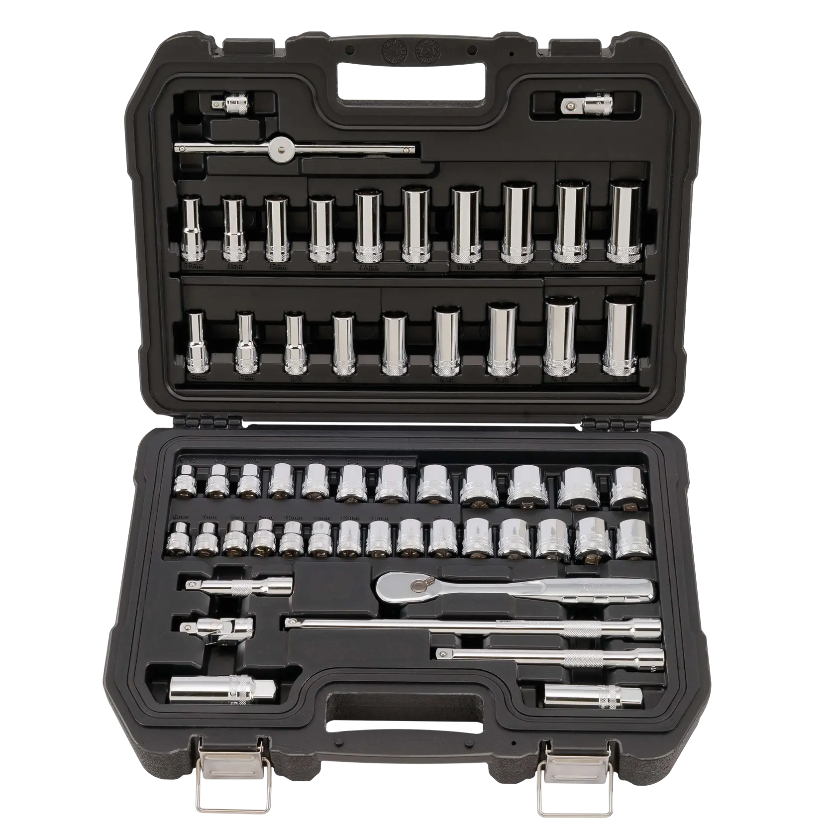 A DEWALT socket wrench set displayed in an open black carrying case, containing various chrome sockets, ratchets, extensions, and accessories, neatly organized in molded compartments.