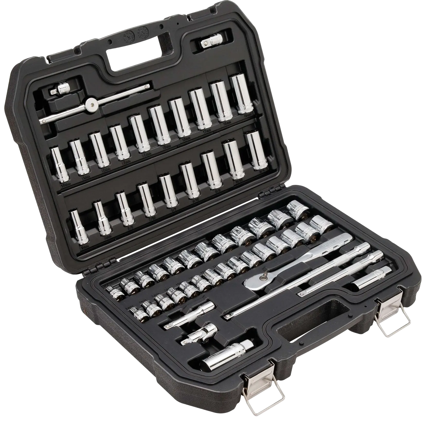 A DEWALT socket and ratchet set in a black plastic carrying case, containing various chrome sockets, ratchets, and extension bars organized neatly in slots.
