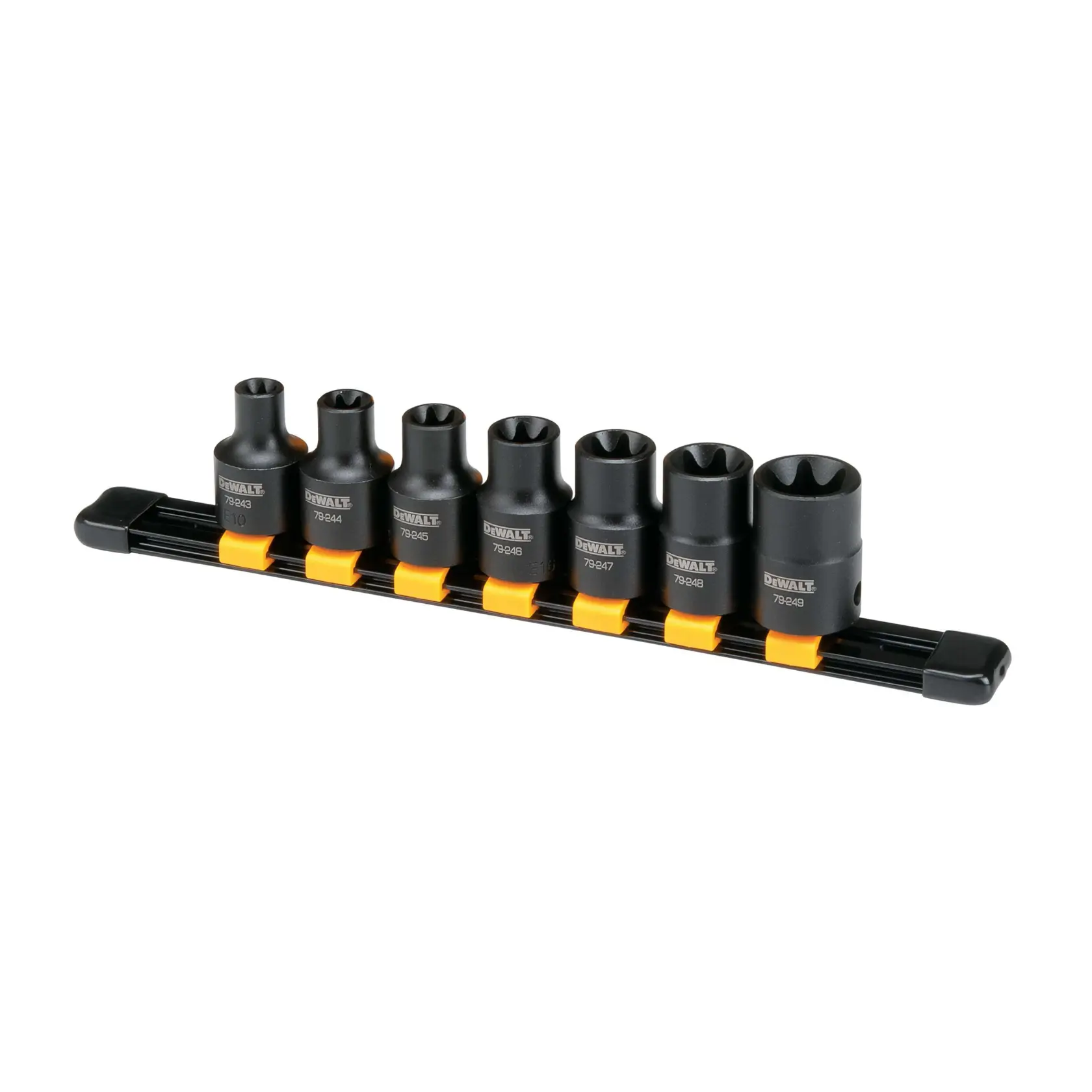 A set of eight DEWALT black impact sockets arranged on a black and orange socket rail. Each socket is labeled with its size and the DEWALT brand name.