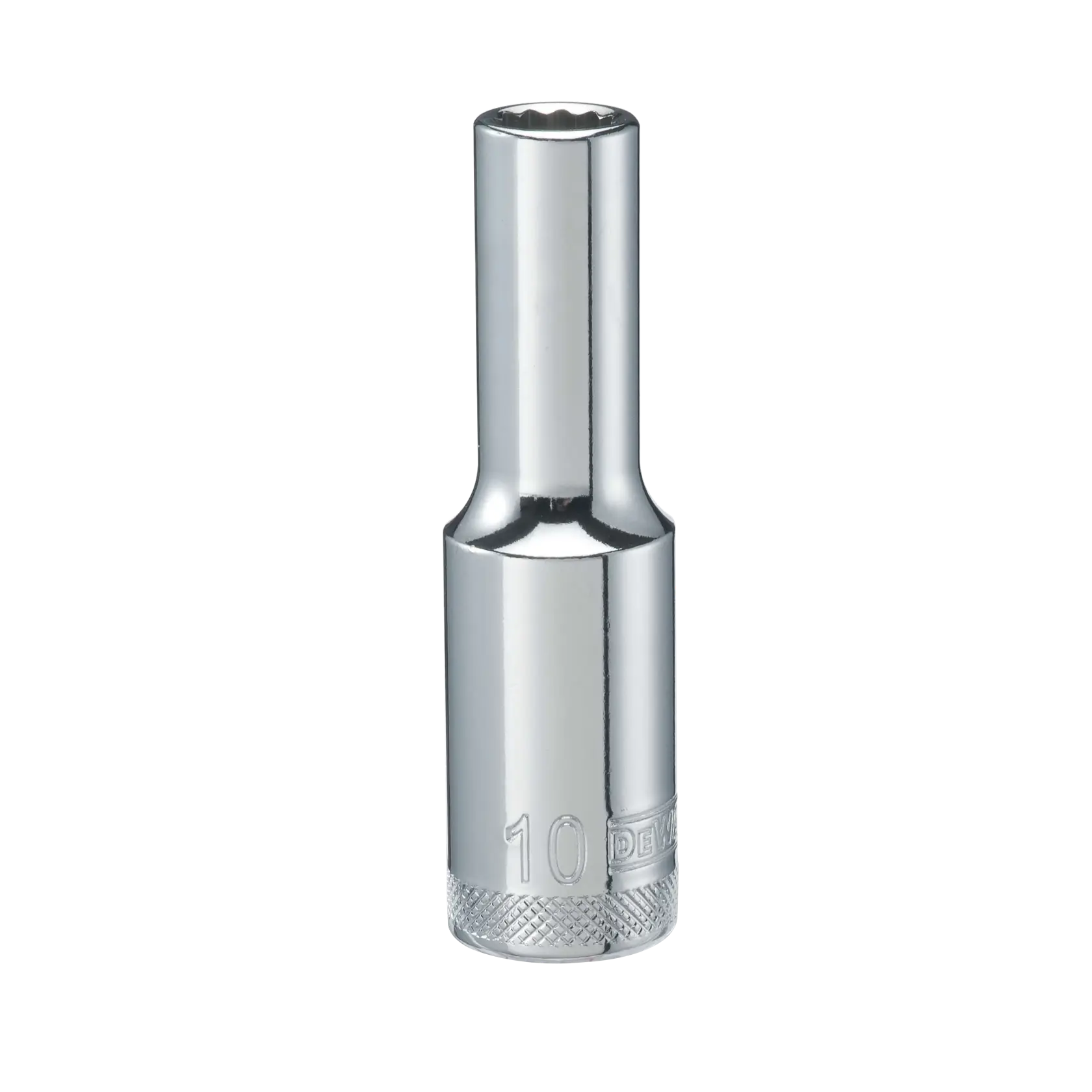 A chrome-finished, twelve-point deep socket, labeled with size 10 and brand mark, designed for use with socket wrenches.