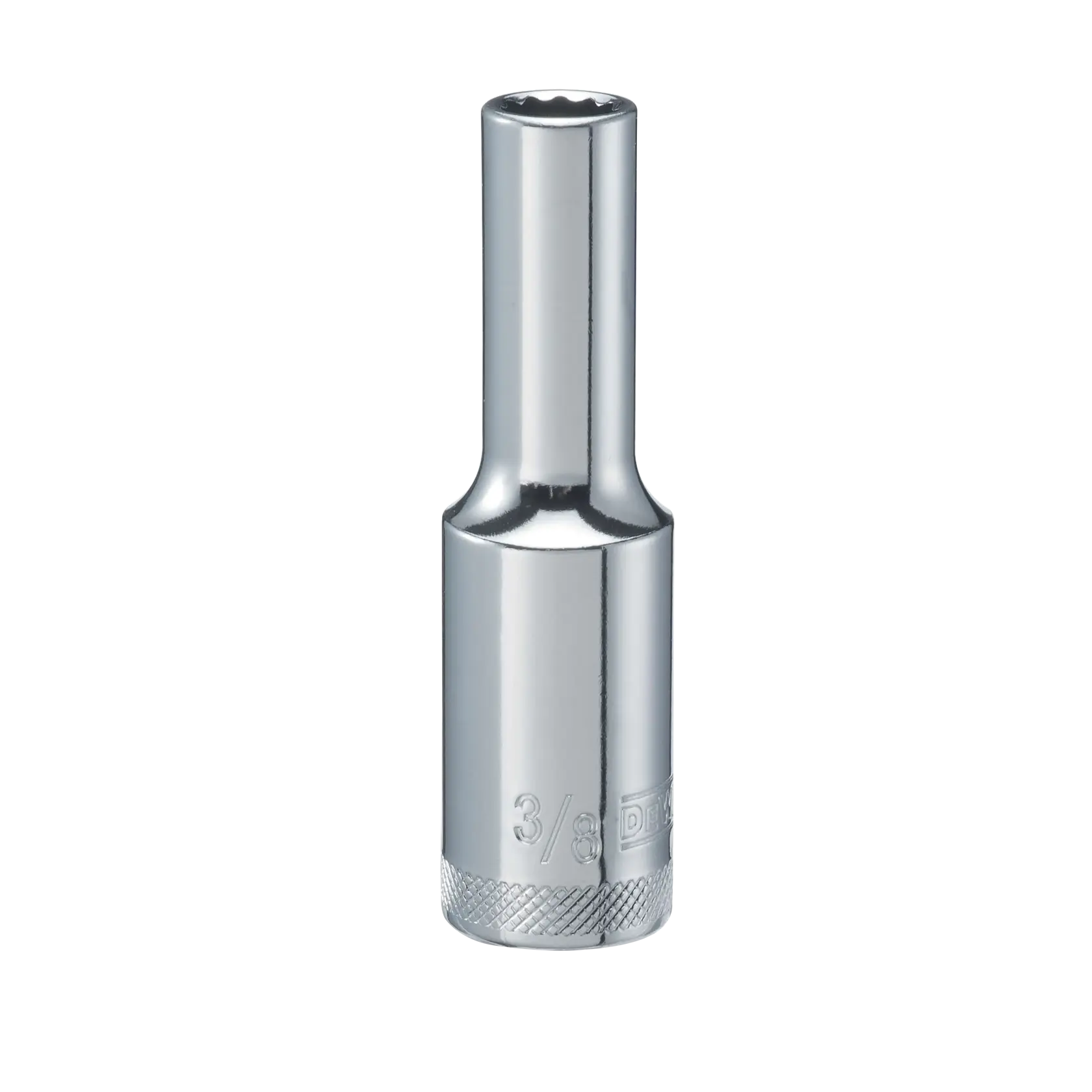 A DEWALT chrome-finished deep socket with a twelve-point design, used for turning nuts and bolts. The socket is cylindrical and features engraved markings for size identification.