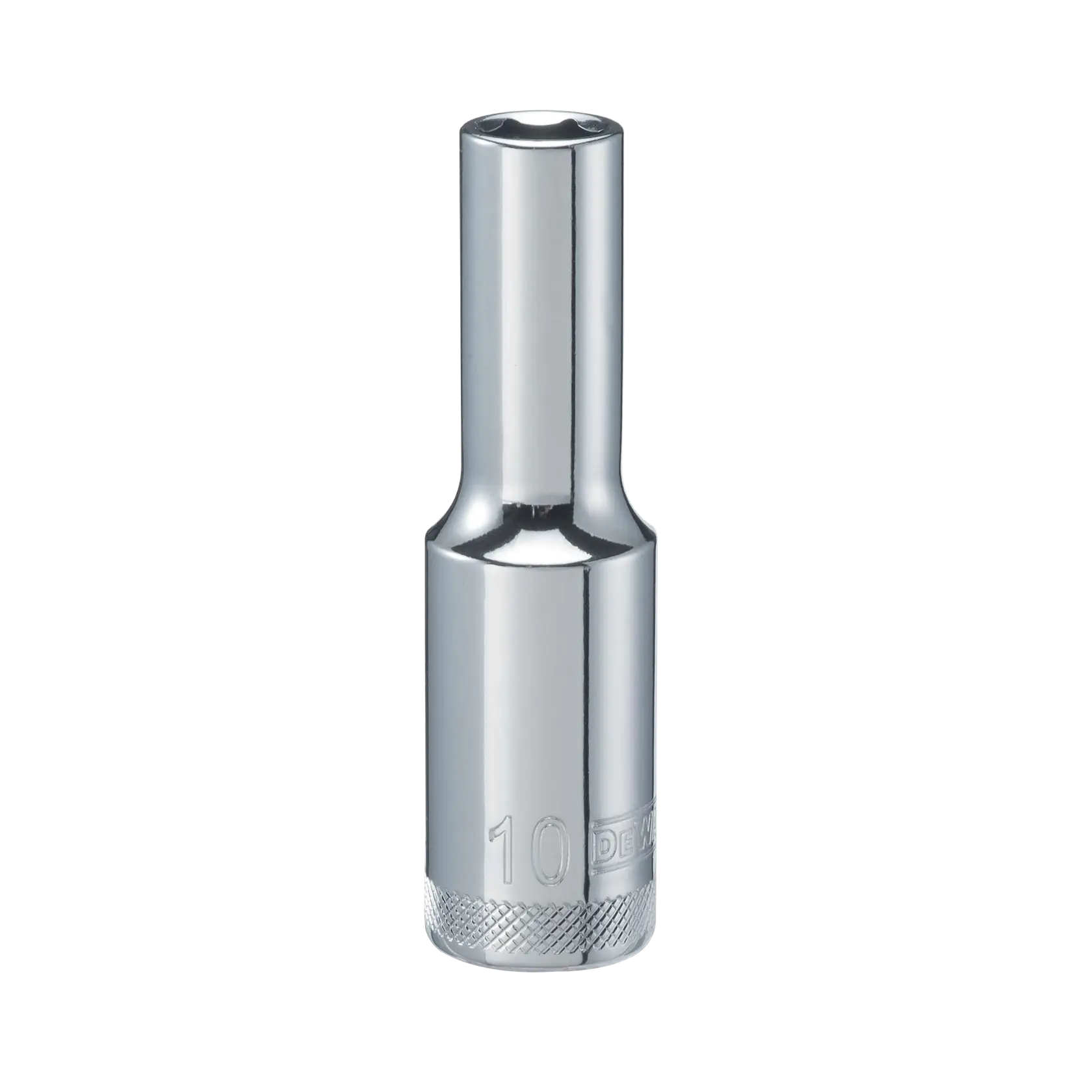 A close-up image of a chrome DEWALT deep socket tool with a knurled grip and size marking '10' near the base, photographed against a plain white background.