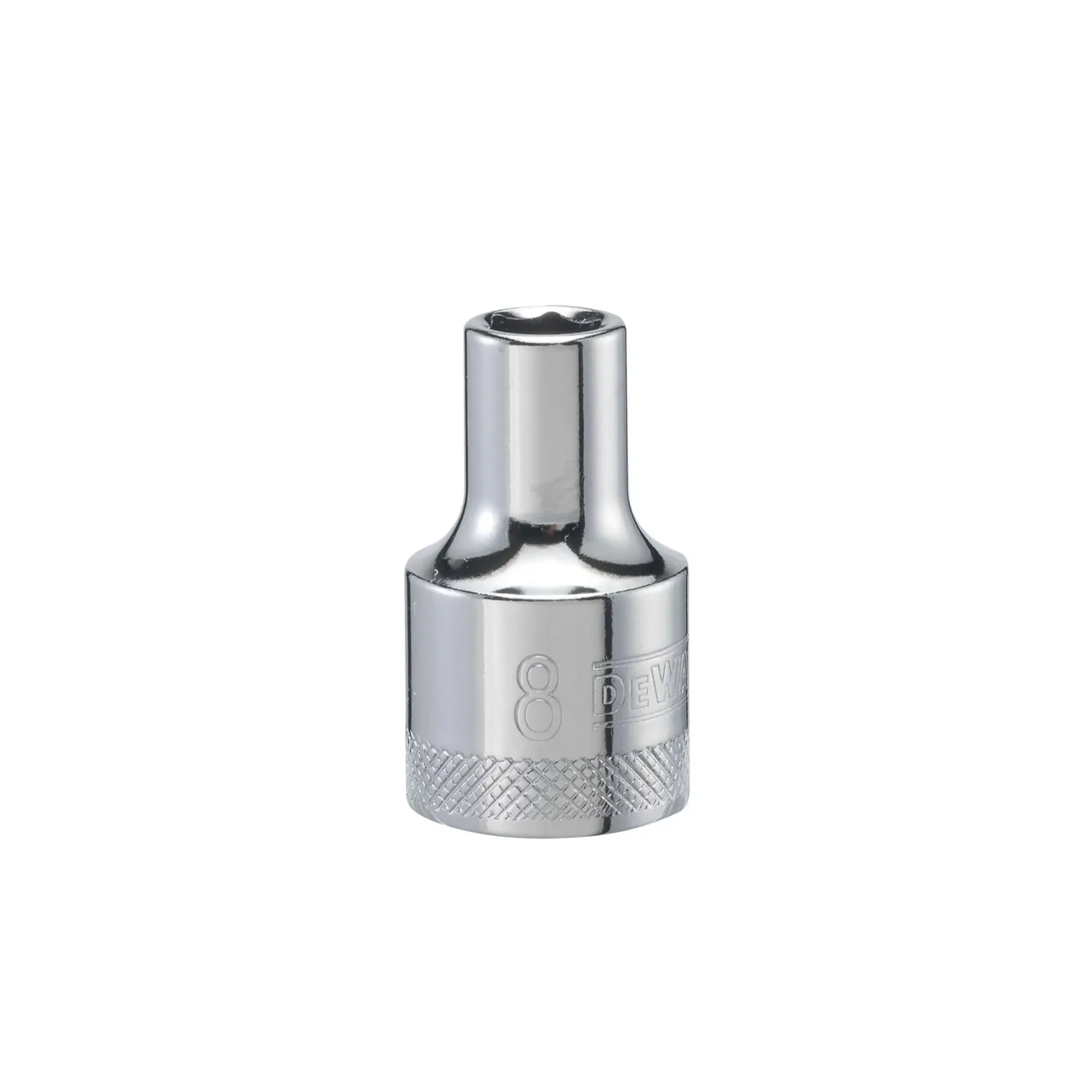 A single chrome DEWALT socket tool with knurled base, marked with size '8', standing upright against a plain white background.