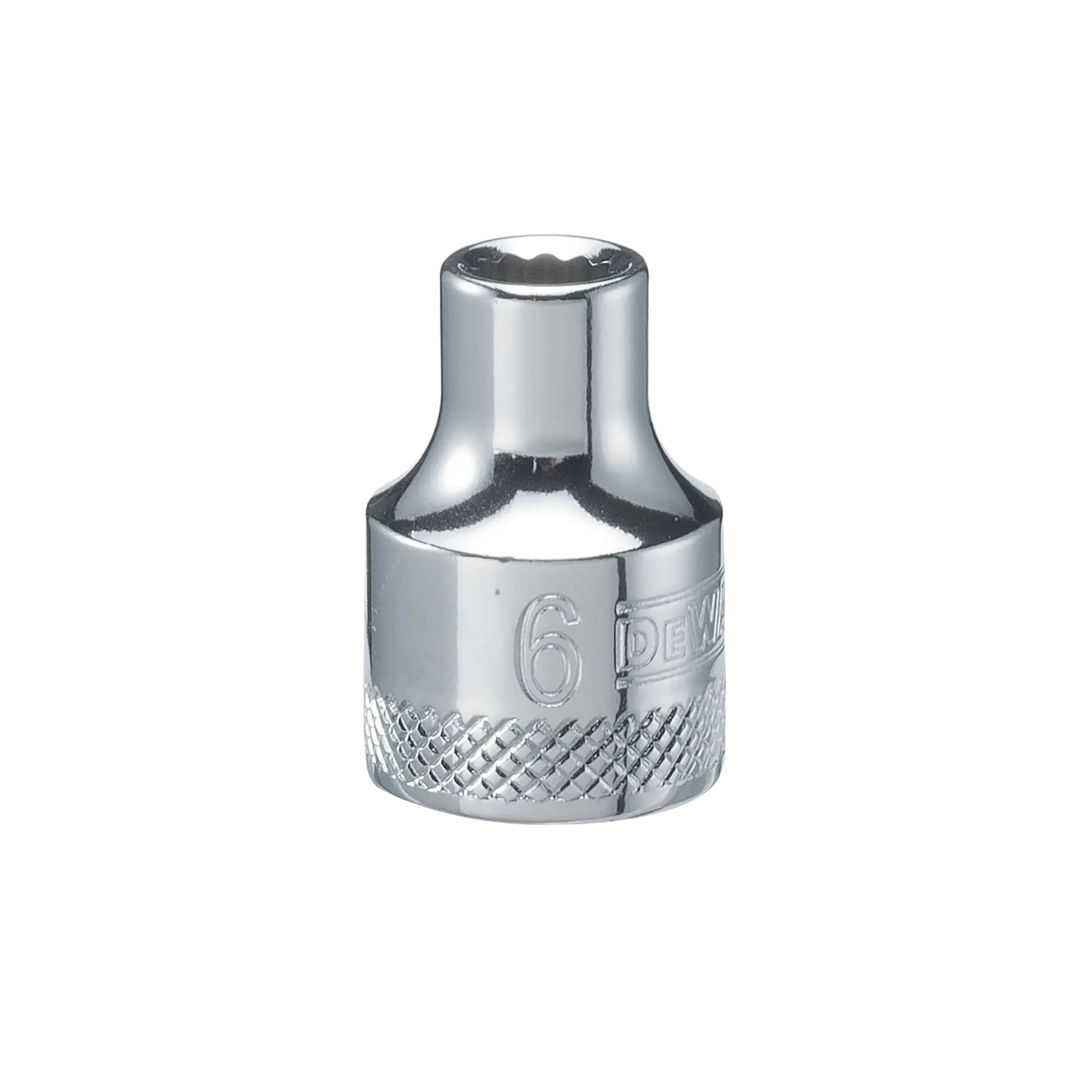 A close-up image of a DEWALT 6mm chrome socket, used with ratchets and wrenches for tightening or loosening bolts.