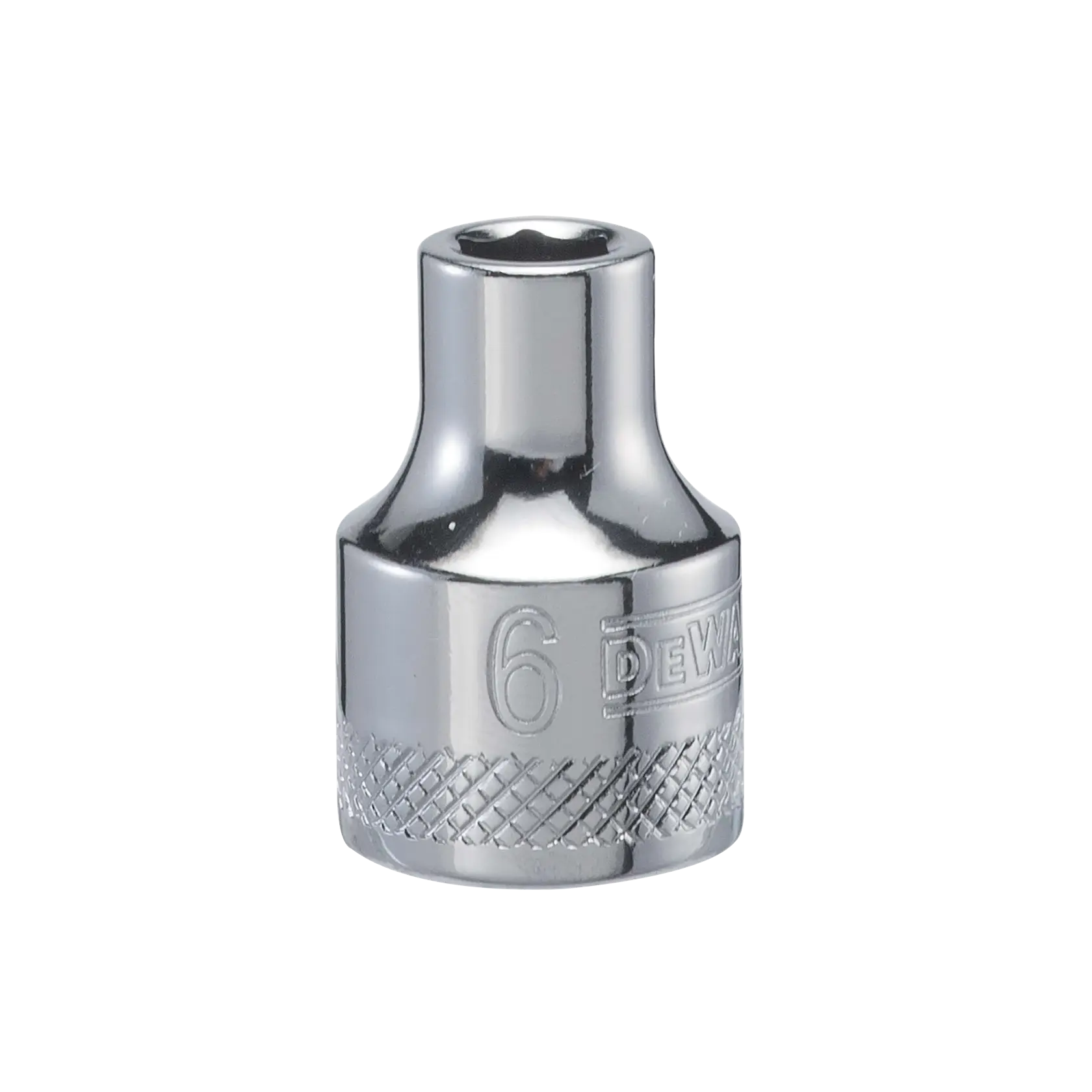 A close-up image of a DEWALT chrome socket with a knurled grip and the number 6 engraved on it, used for tightening or loosening bolts.