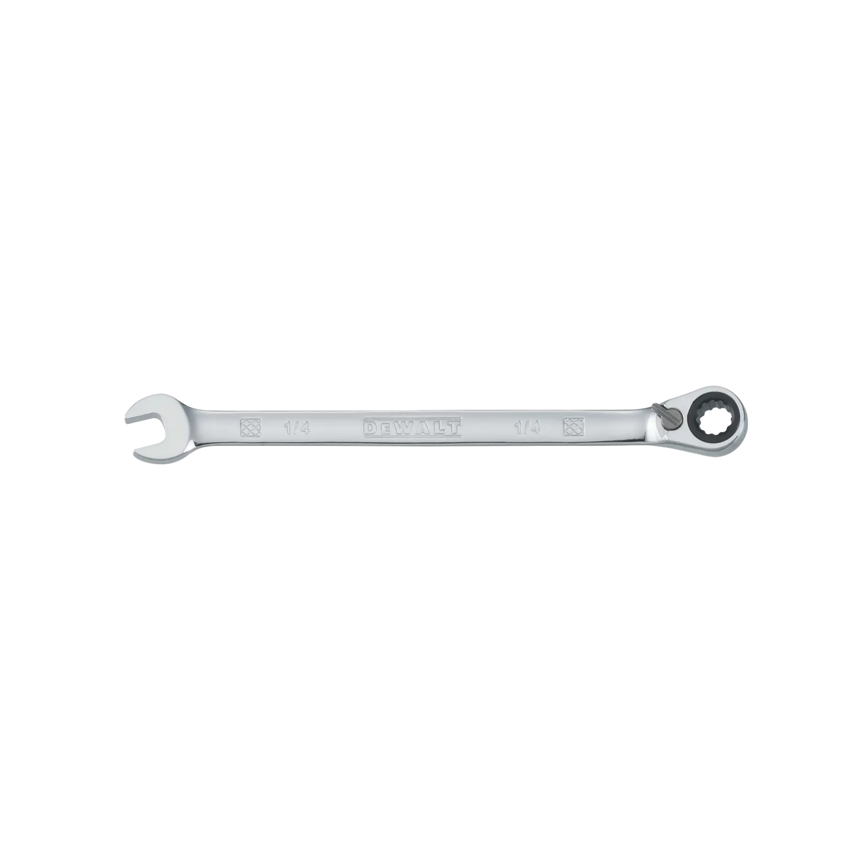 A DEWALT 1/4 inch combination ratcheting wrench with an open end and a ratcheting box end, made of polished metal.