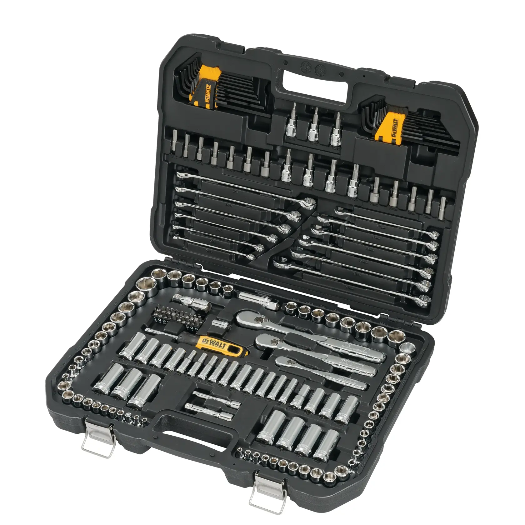 A DEWALT socket and wrench set in a black hard case, containing assorted sockets, wrenches, ratchets, bits, and accessories neatly organized in individual compartments.