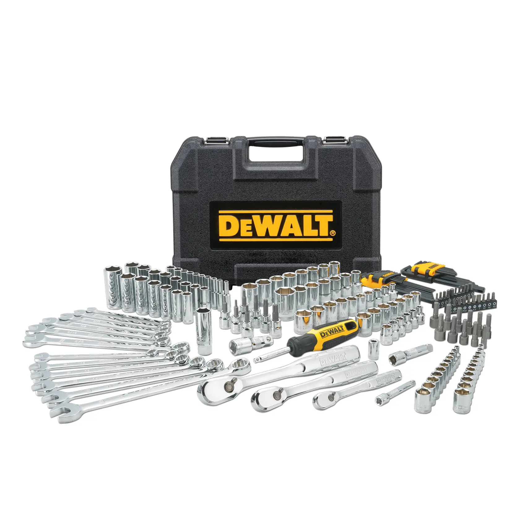 A DEWALT tool set displayed with a black case featuring the yellow DEWALT logo. The set includes various chrome wrenches, socket heads, ratchets, screwdrivers, and hex keys, organized in front of the case.