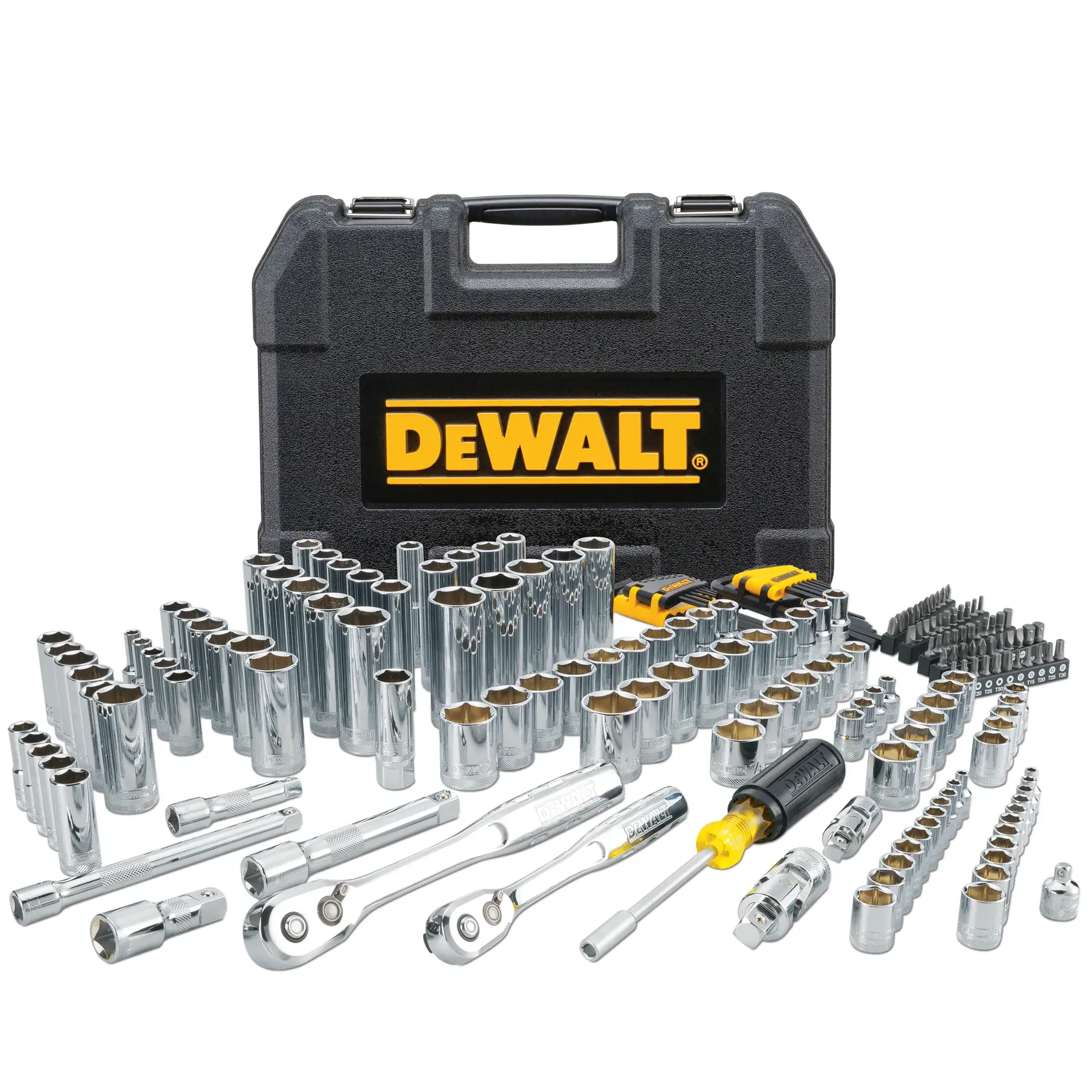 A comprehensive DEWALT socket and ratchet tool set displayed in front of a black carrying case with the DEWALT logo. Multiple chrome sockets, ratchets, screwdrivers, and assorted bits are arranged neatly.