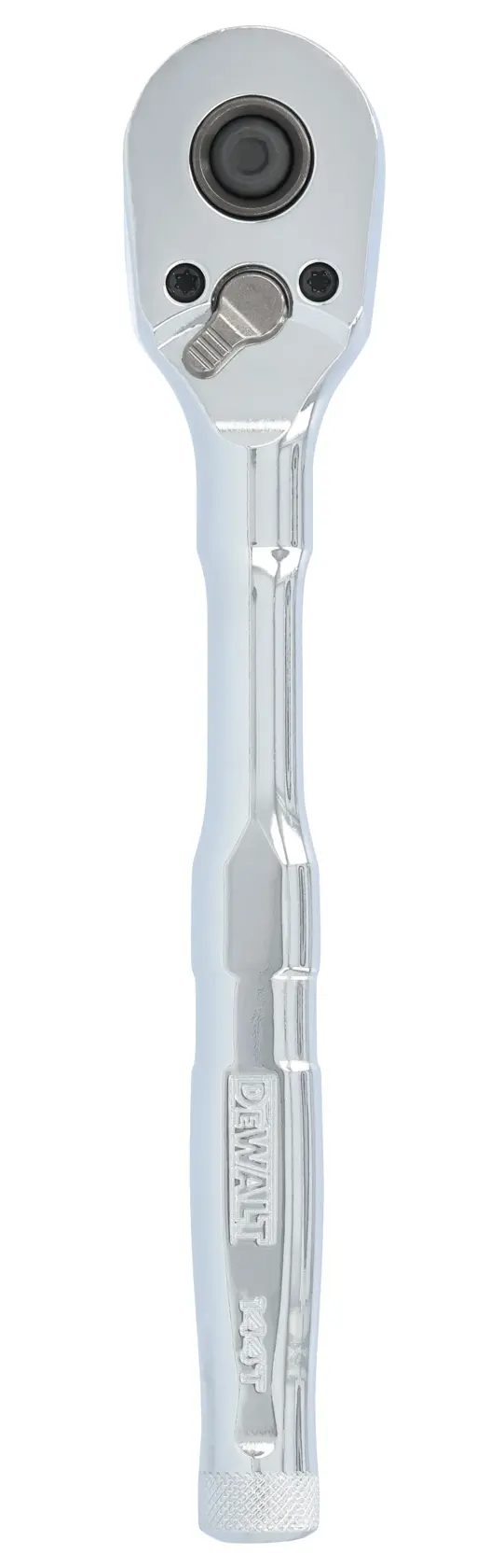 A chrome-finished DEWALT ratchet wrench shown vertically with a knurled handle for grip and a reversible switch at the ratchet head.