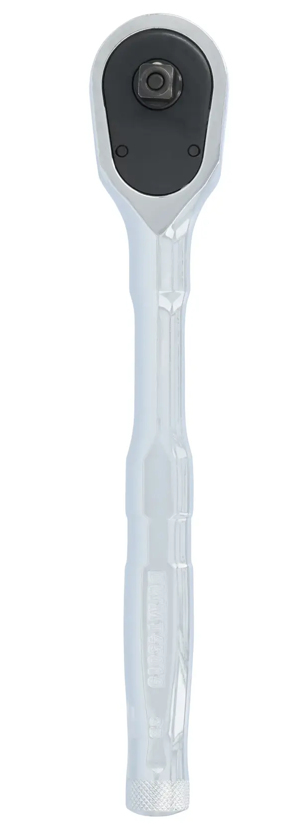 A DEWALT ratchet wrench with a metallic handle and a black ratchet head, shown vertically against a white background.