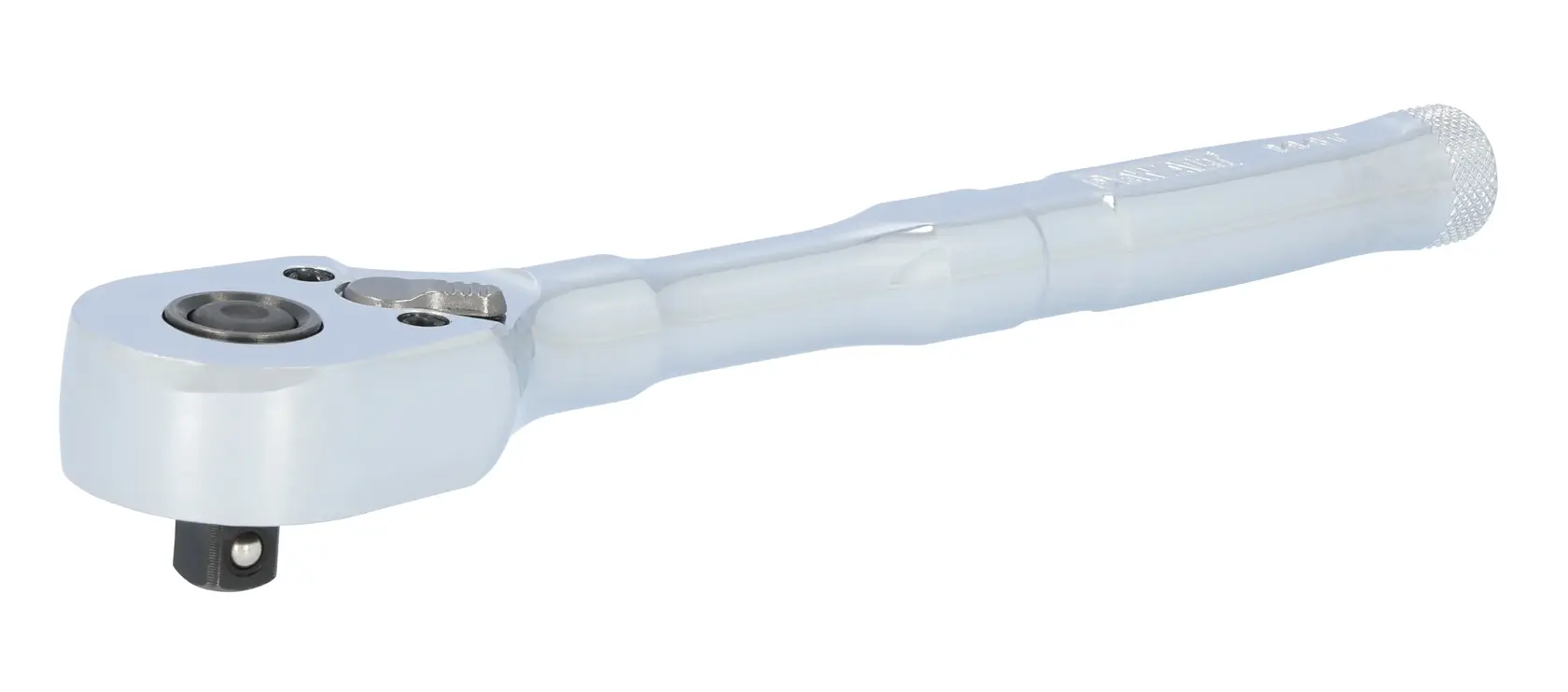 A close-up image of a metal ratchet wrench with a knurled handle, photographed on a white background.