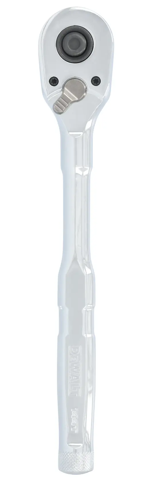 A DEWALT branded metal ratchet wrench with a textured handle, designed for use with sockets. The tool is positioned vertically against a plain white background.
