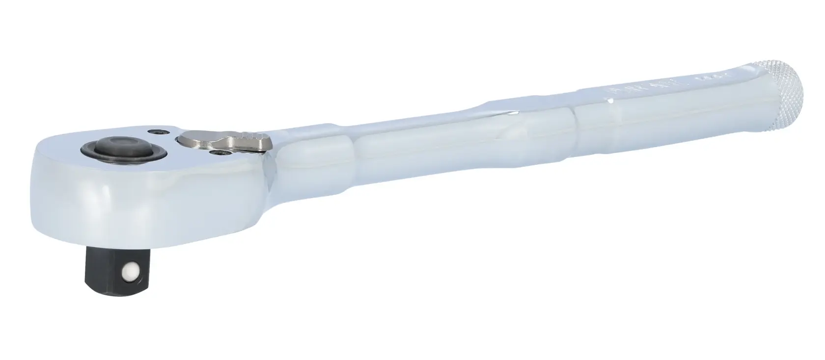 A metal ratchet handle tool with a knurled grip and a rotating head, typically used for tightening or loosening bolts and nuts.