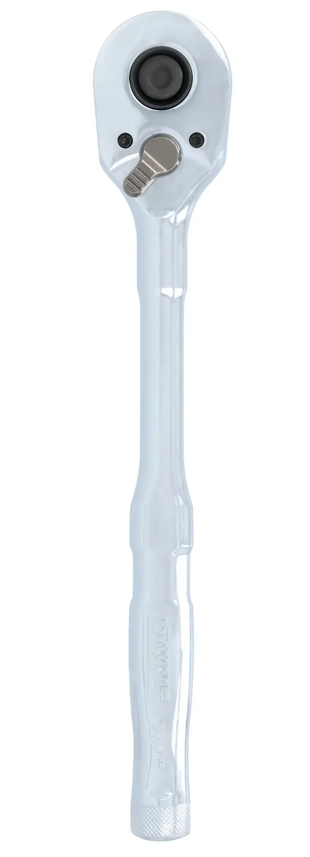 A DEWALT ratchet wrench with a polished metal finish, photographed vertically against a white background.