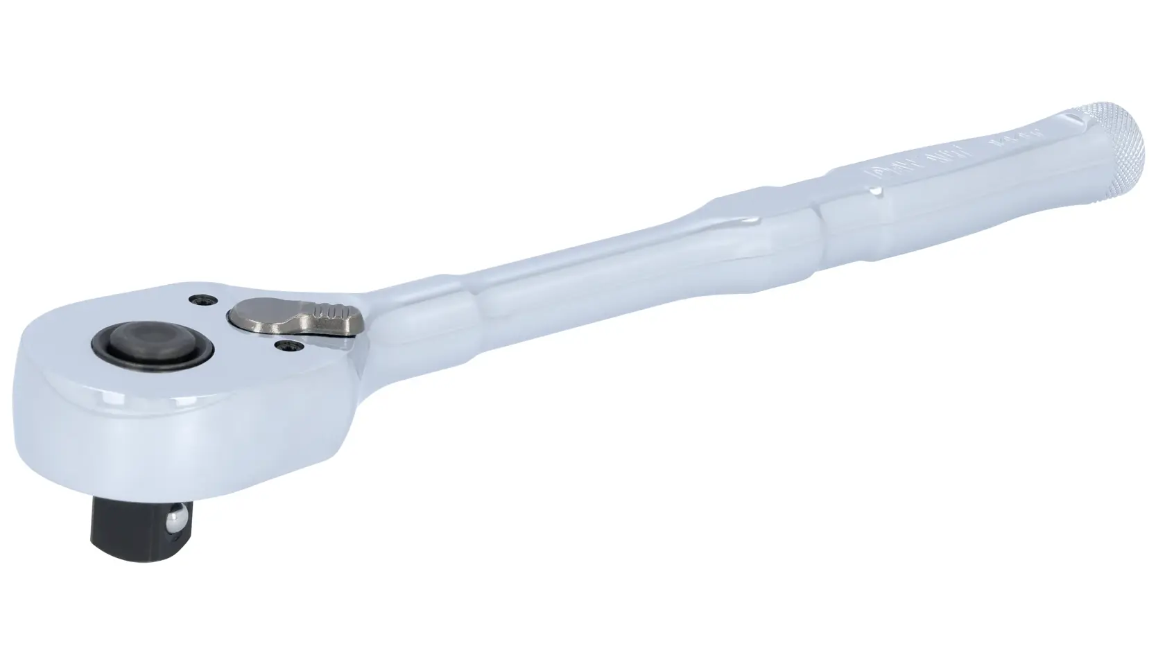 A DEWALT chrome-finished ratchet wrench with a textured handle, photographed on a white background.