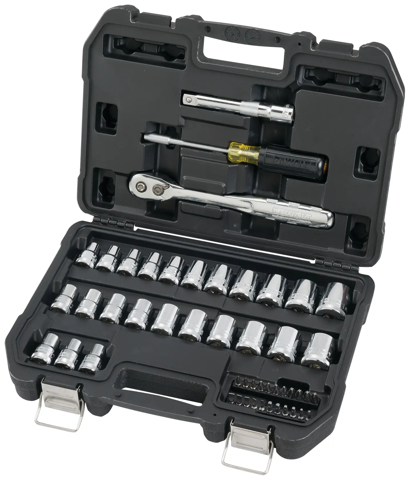 A black plastic carrying case containing a socket wrench set, including sockets of various sizes, a ratchet, extension bars, a screwdriver handle, and a set of bits. The tools are neatly organized in the case.