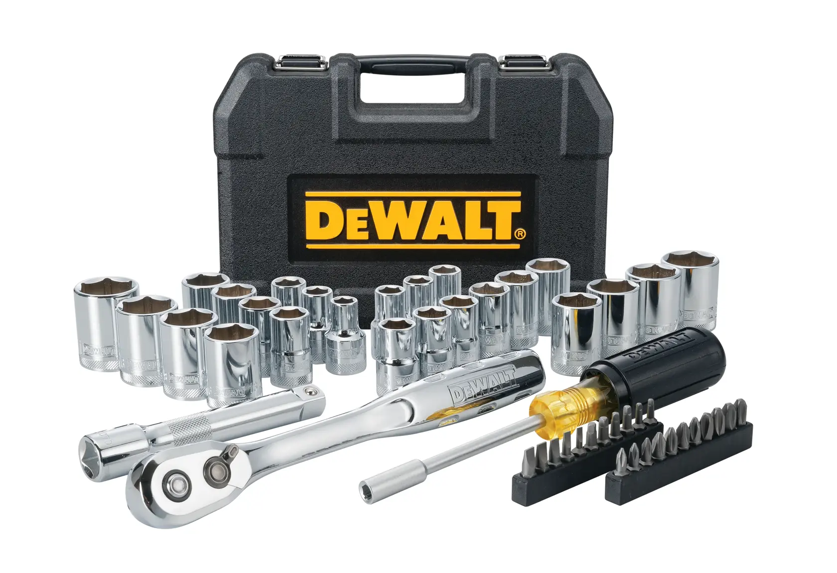 A DEWALT tool set with various socket wrenches, a ratchet, screwdriver bits, and a black carrying case with the DEWALT logo.