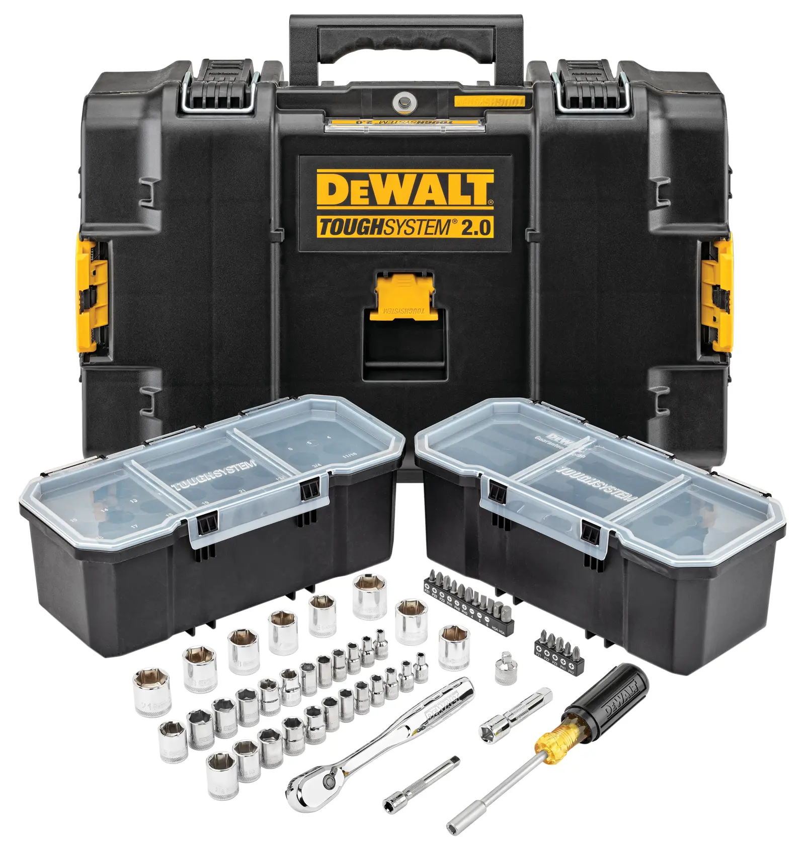 A DEWALT ToughSystem 2.0 tool kit is shown, featuring a large black and yellow case, two smaller compartment boxes with clear lids, and an assortment of socket wrenches, bits, screwdriver, ratchet, extension bars, and sockets arranged in front.