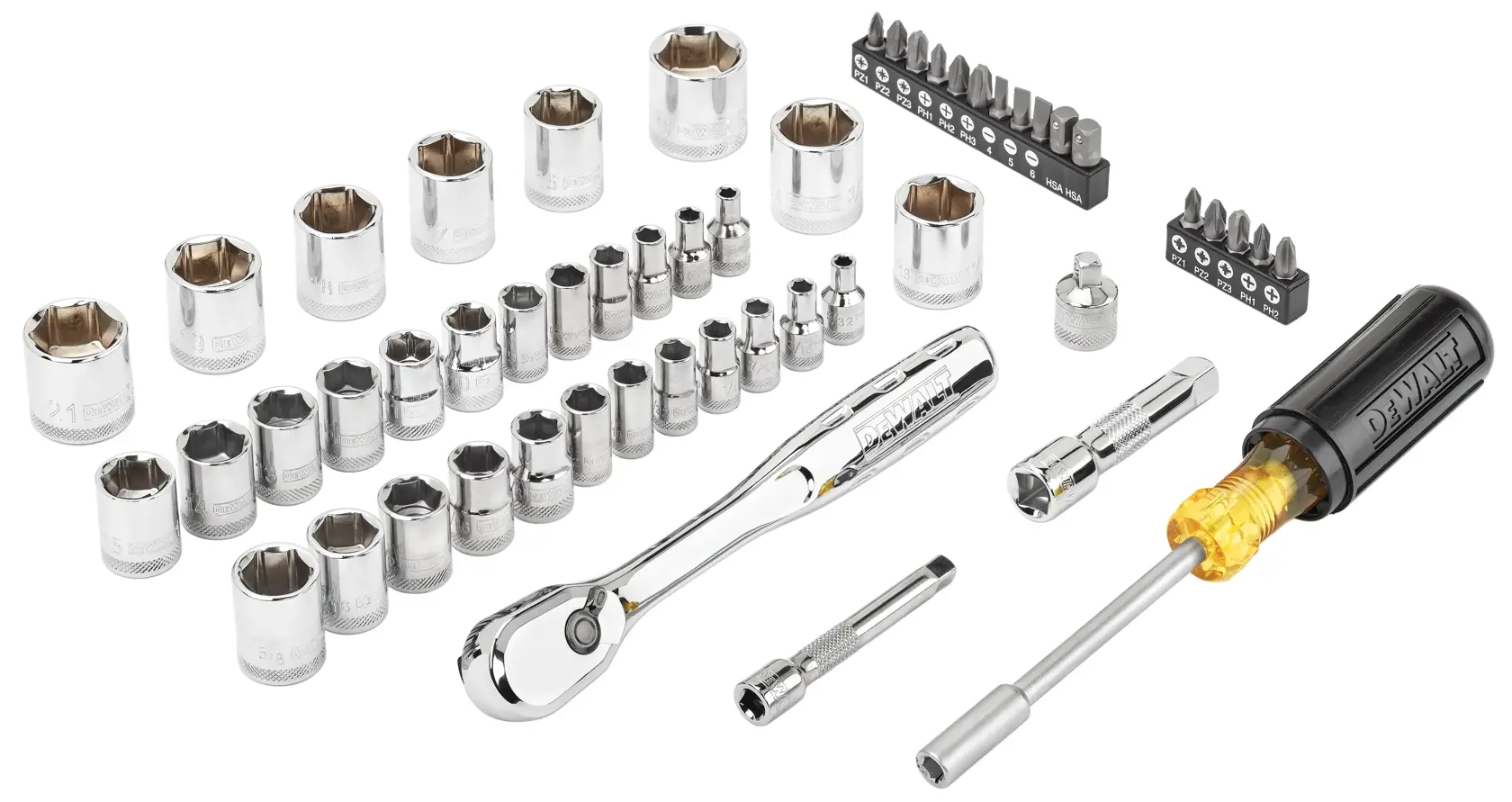 A DEWALT socket and ratchet tool set displayed on a white background. The set includes various chrome sockets, a ratchet wrench, screwdriver handle with interchangeable bits, socket extensions, and multiple driver bits arranged neatly.