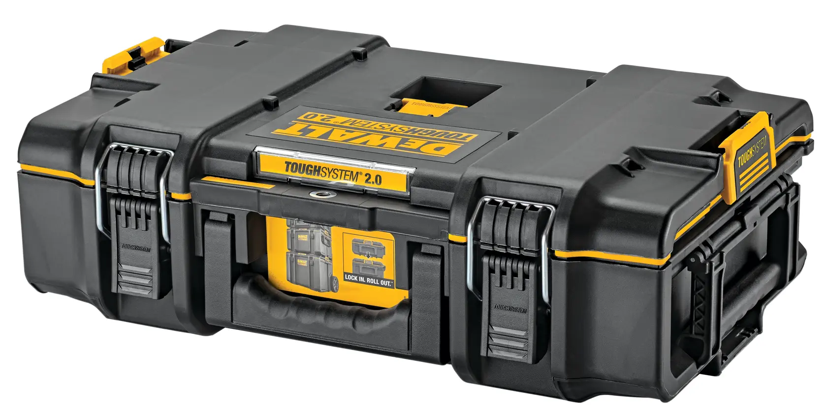 A DEWALT ToughSystem 2.0 tool storage case, black with yellow accents, featuring heavy-duty latches and handles for secure and portable tool storage.