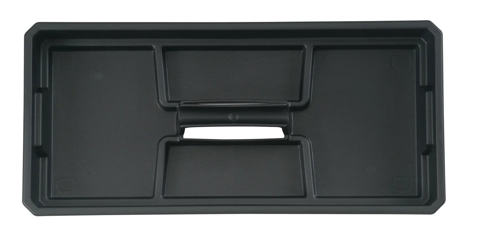 A black rectangular plastic organizer tray with multiple compartments and a central handle, designed for storage or transport of tools or small items.