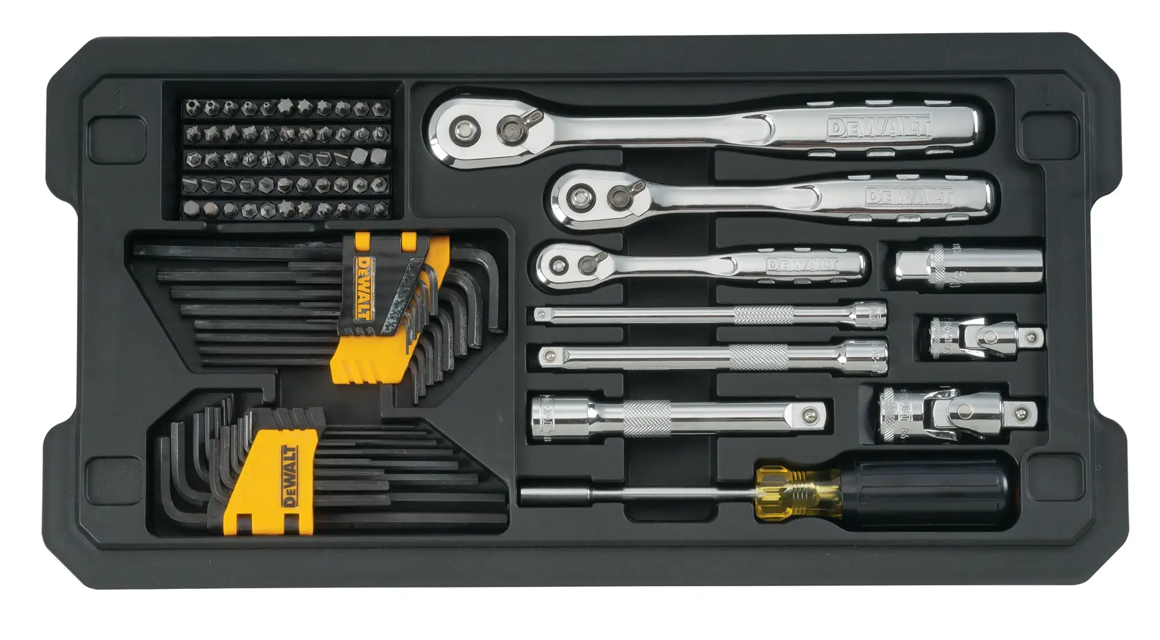 A DEWALT tool set featuring ratchets, hex keys, screwdriver, sockets, extension bars, and bits, all organized in a black plastic tray.