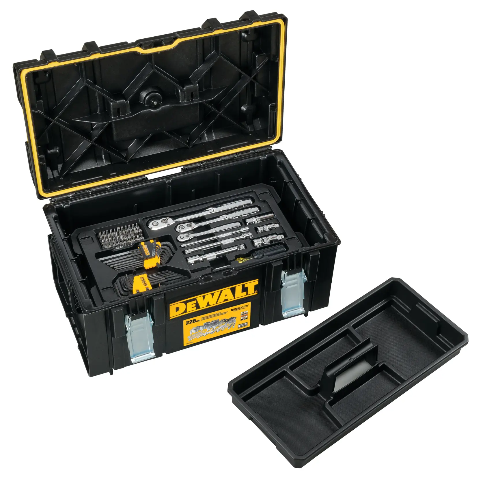 DEWALT black toolbox with yellow accents, open to display various hand tools including wrenches, ratchets, bits, Allen keys, and a removable tray.